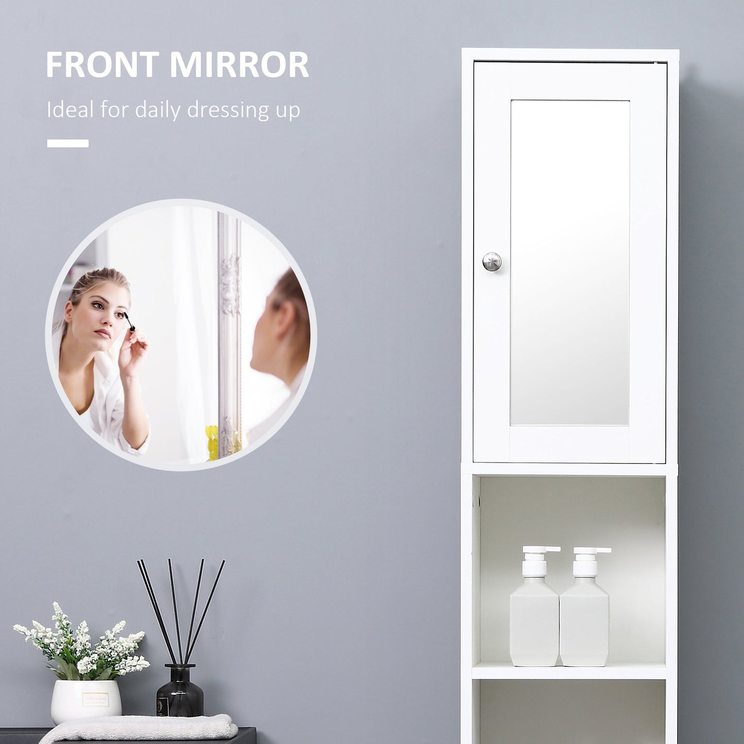 Tall Bathroom Storage Cabinet with Mirror, Freestanding Narrow Linen Tower Cabinet with Adjustable Shelves for Bathroom, White Bathroom Cabinets   at Gallery Canada