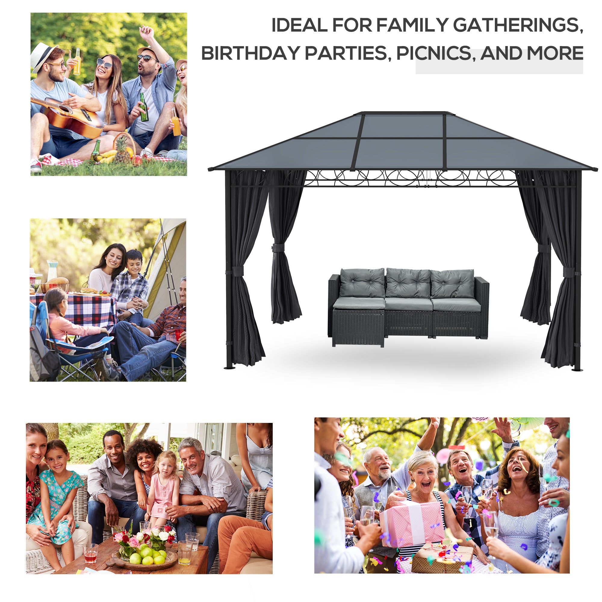 13' x 10' Polycarbonate Hardtop Gazebo Canopy, Outdoor Patio Gazebo with Aluminum Frame &; Curtains, Dark Grey Gazebos at Gallery Canada