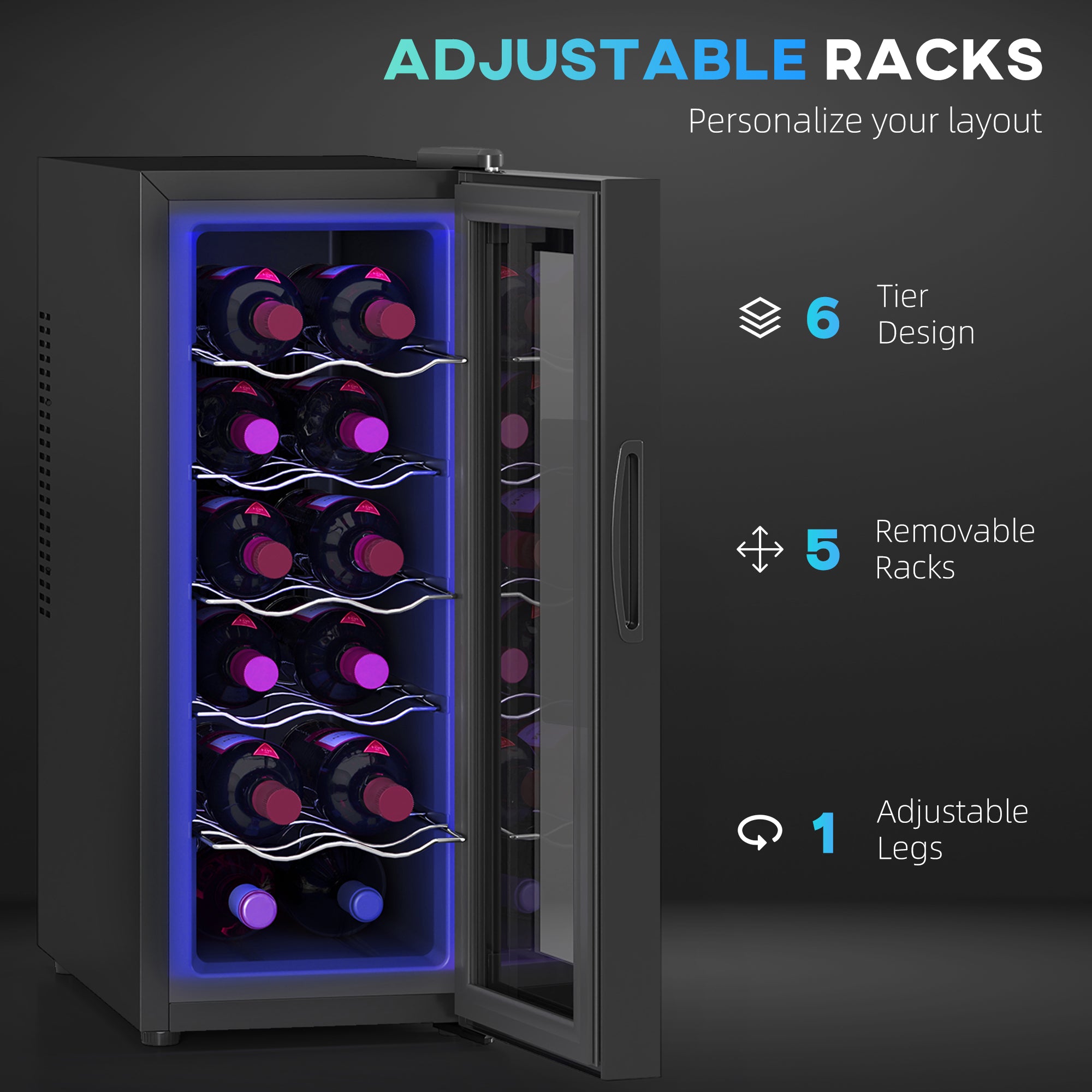 Wine Fridge, 12 Bottle, Under Counter Drinks Beer Wine Cooler with Glass Door, LED Light, Temperature Control Small Kitchen Appliances at Gallery Canada