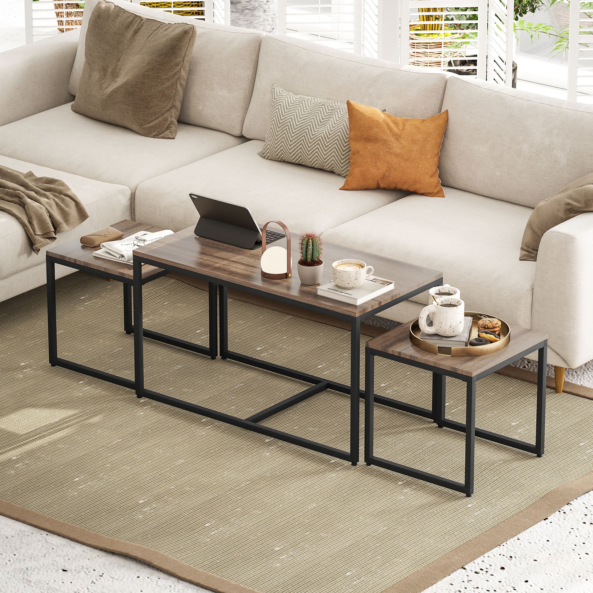 Nesting Coffee Table Set of 3, Modern End Tables with Black Metal Frame for Living Room Home Furniture, Brown Coffee Tables at Gallery Canada