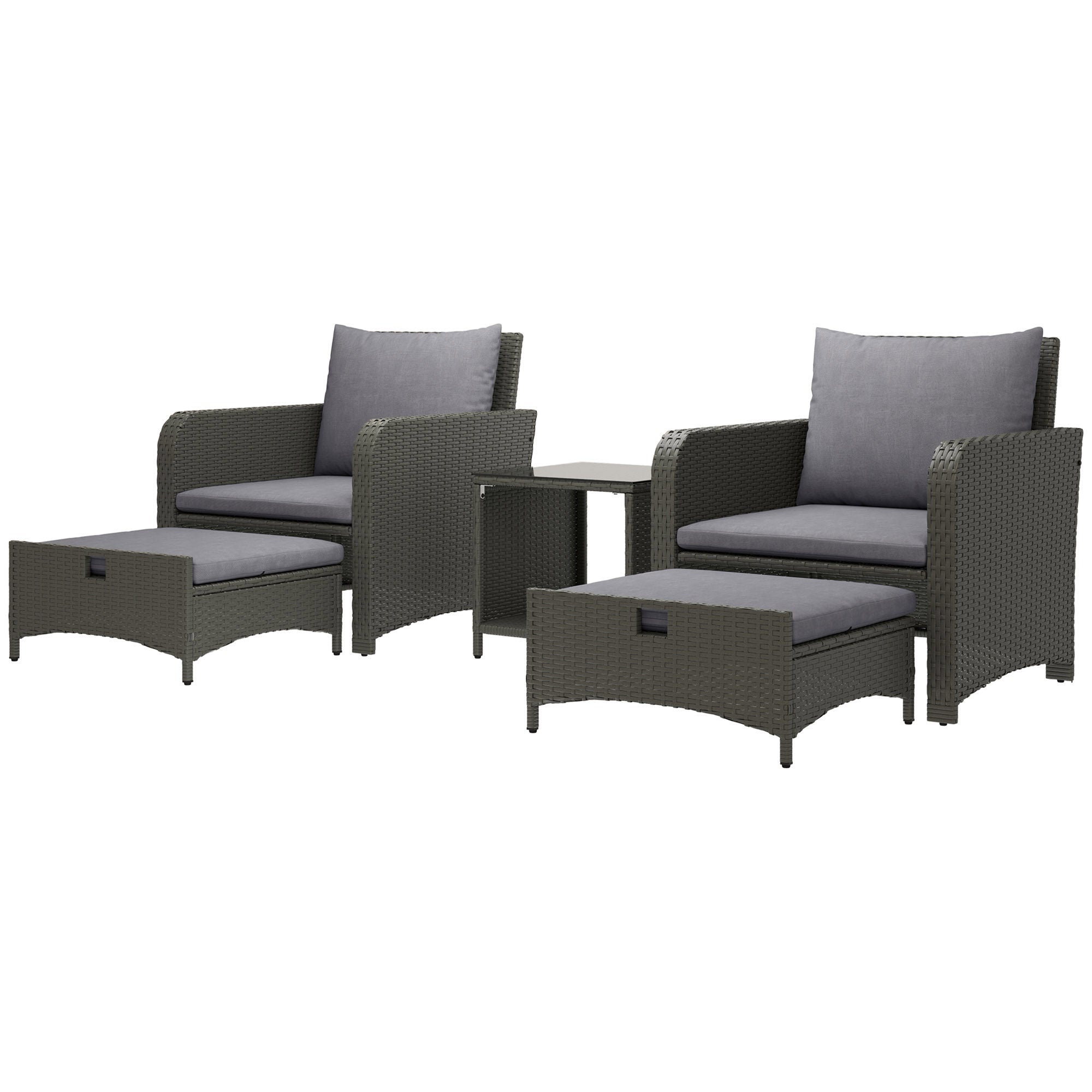5 Piece Rattan Balcony Furniture Set, Wicker Outdoor Furniture Set with 2-Tier Coffee Table, Ottomans, Grey Patio Furniture Sets Grey at Gallery Canada