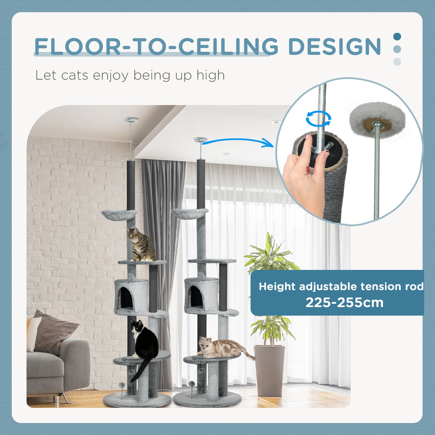 89"-100" Floor to Ceiling Cat Tree w/ Hammock, Scratching Posts, Condo, Perches, Toy Ball, Anti-tip Kit, Grey Floor to Ceiling Cat Trees   at Gallery Canada