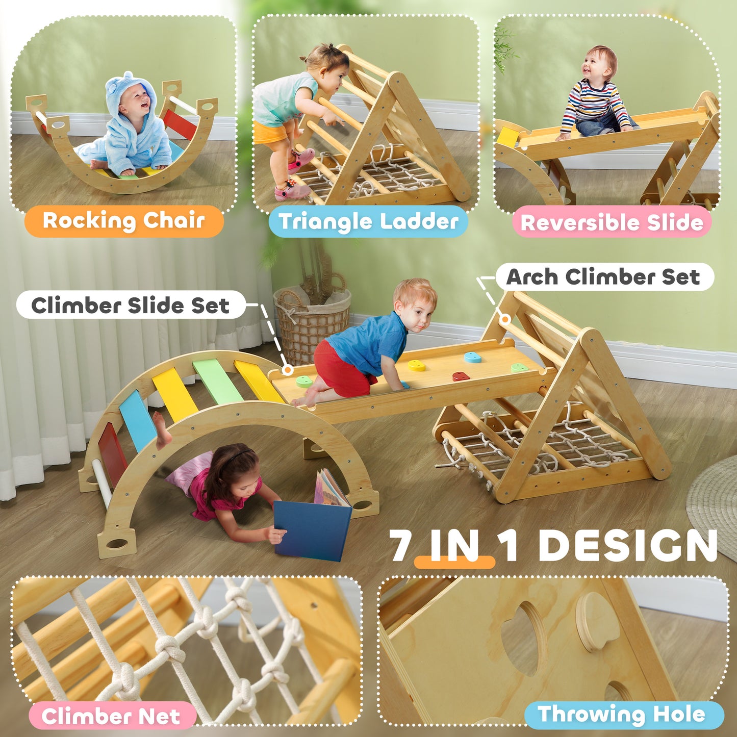 7 in 1 Pikler Triangle Set with Ramp, Arch Ladder, for 18-48 Months, Multicolour Baby Gym & Playmats   at Gallery Canada