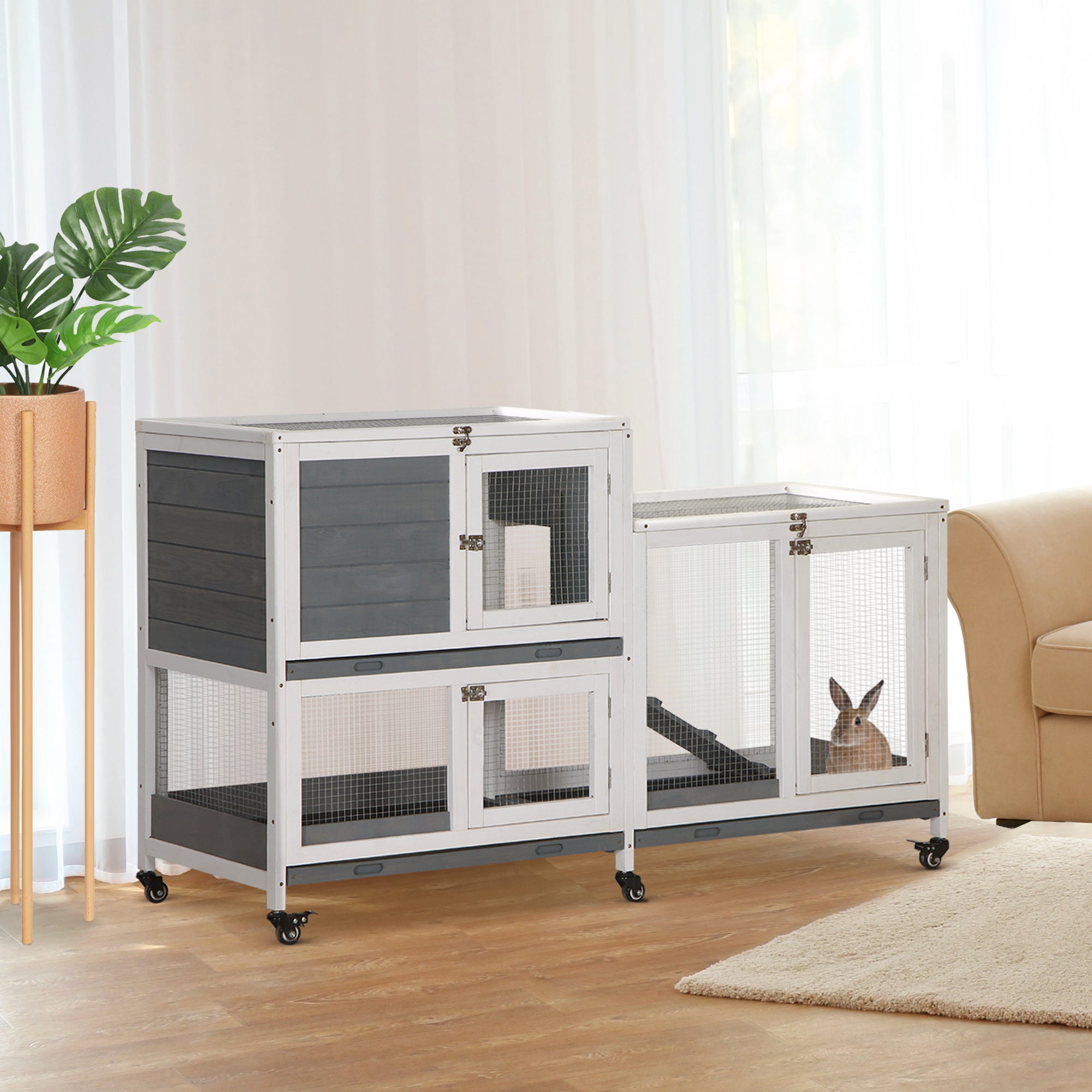 Wooden Rabbit Hutch Elevated Pet House Bunny Cage Small Animal Habitat with Slide-out Tray Lockable Door Openable Top for Indoor 58