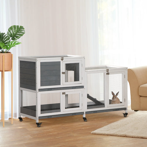 Wooden Rabbit Hutch Elevated Pet House Bunny Cage Small Animal Habitat with Slide-out Tray Lockable Door Openable Top for Indoor 58