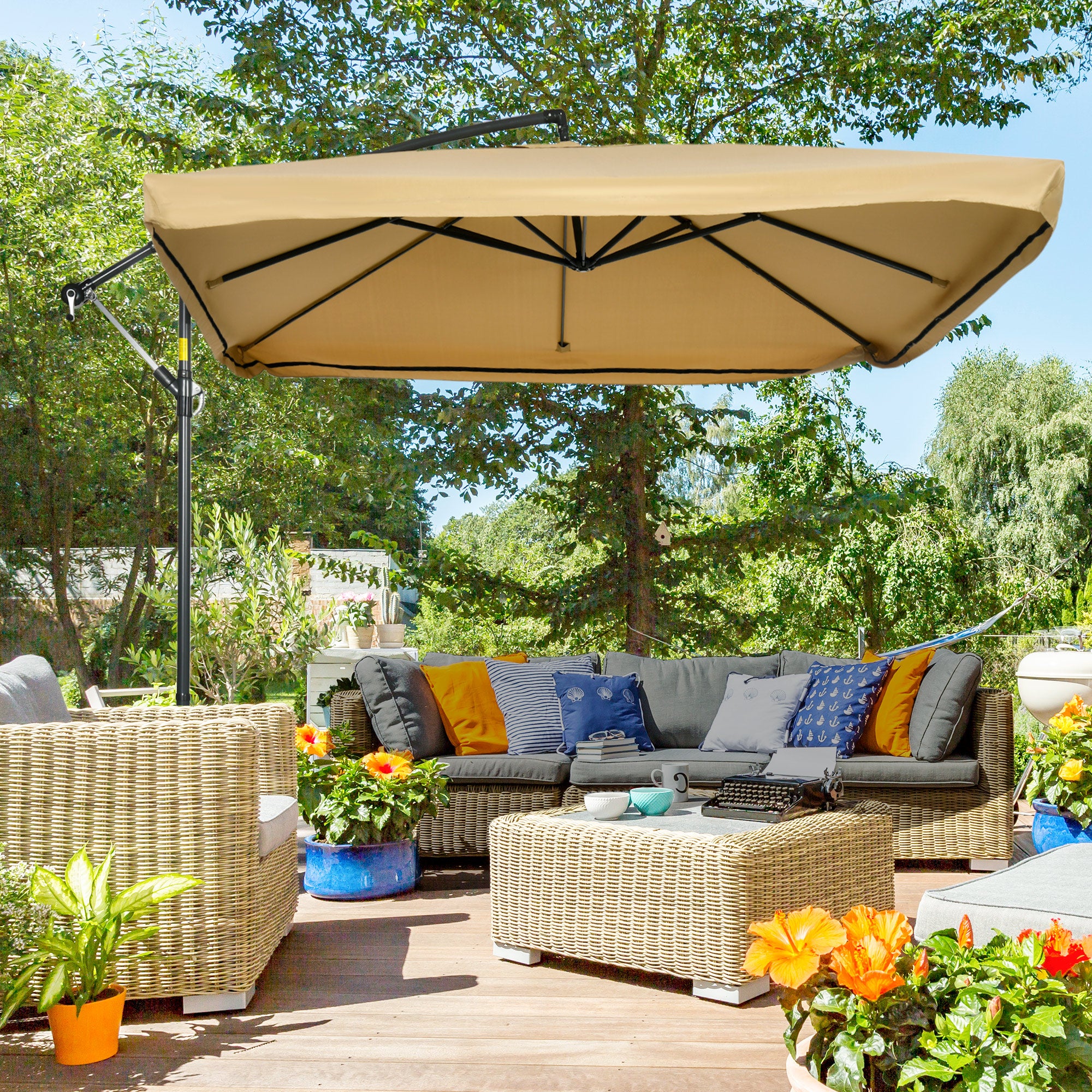 Offset Patio Umbrella with Net and Umbrella Base, Adjustable Cantilever Canopy with Cross Base, Weight Plates and 8 Ribs for Backyard, Poolside, Garden, Beige Cantilever Umbrellas at Gallery Canada