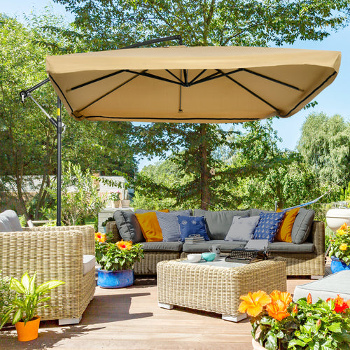 Offset Patio Umbrella with Net and Umbrella Base, Adjustable Cantilever Canopy with Cross Base, Weight Plates and 8 Ribs for Backyard, Poolside, Garden, Beige