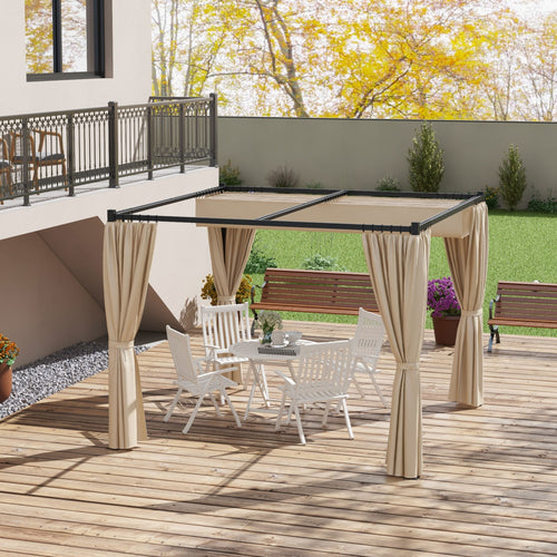 10' x 10' Retractable Pergola, Garden Gazebo Shelter with Curtains, for Grill, Patio, Deck, Beige