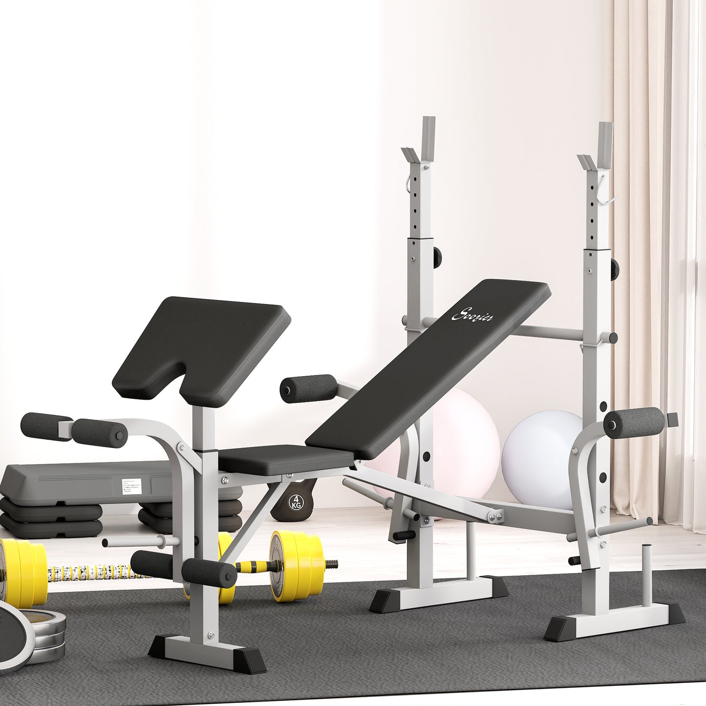 Bench Press Set Adjustable Weight Bench with Squat Rack, Preacher Curl Pad, Leg Developer and Weight Storage, Grey Weight Benches Grey  at Gallery Canada