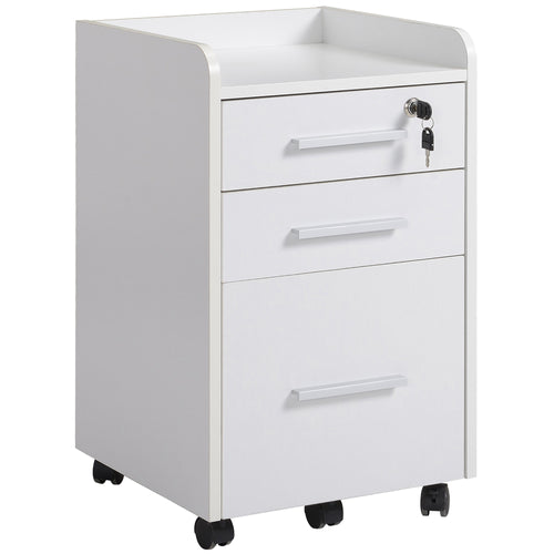 3 Drawer File Cabinet with Lock and Edged Top, Lockable Filing Cabinet on Wheels with Hanging Bars for Letter and A4 Size, White