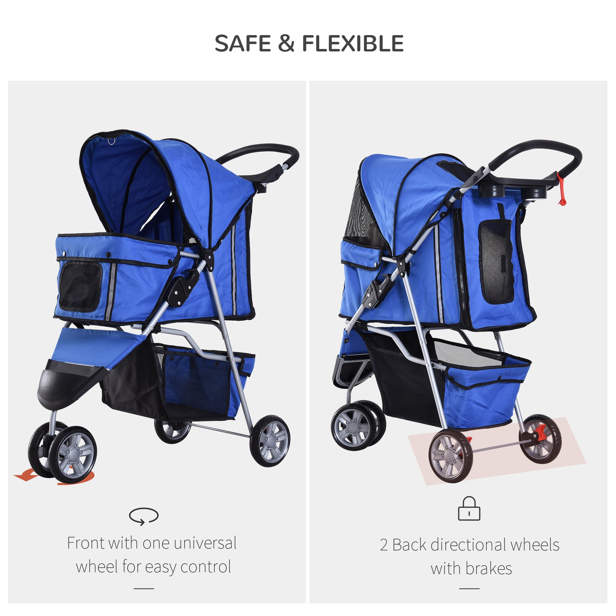 3 Wheels Foldable Dog Stroller with Storage Basket, Adjustable Canopy, Cupholder for Miniature and Small Dogs, Blue Dog Bike Trailers & Strollers at Gallery Canada
