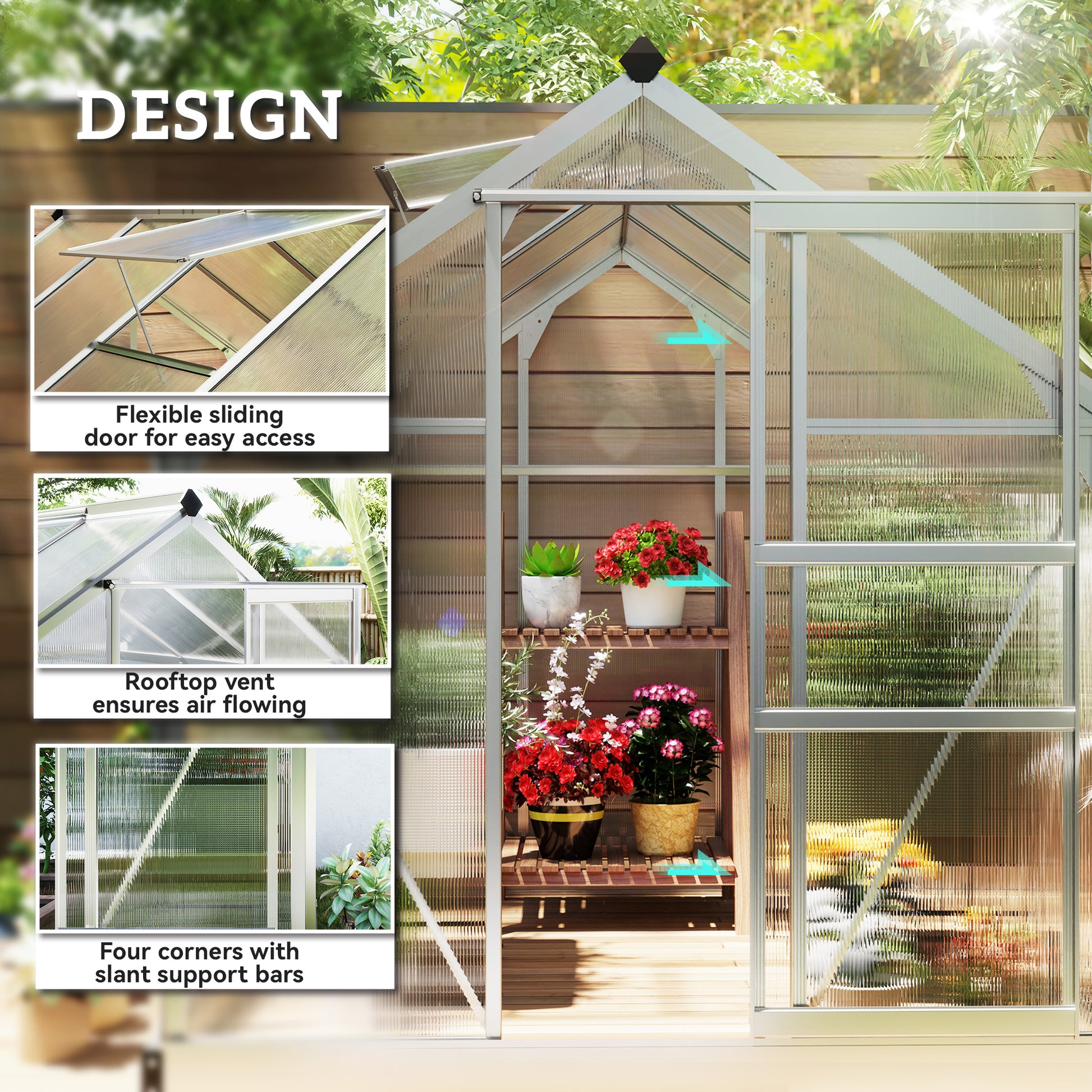 6' x 8' x 6.6' Polycarbonate Greenhouse, Walk-In Green House Kit Garden, Plants Grow, Galvanized Sheet Aluminum Frame with Rain Gutter, Vent and Sliding Door, Silver Walk In Greenhouses at Gallery Canada