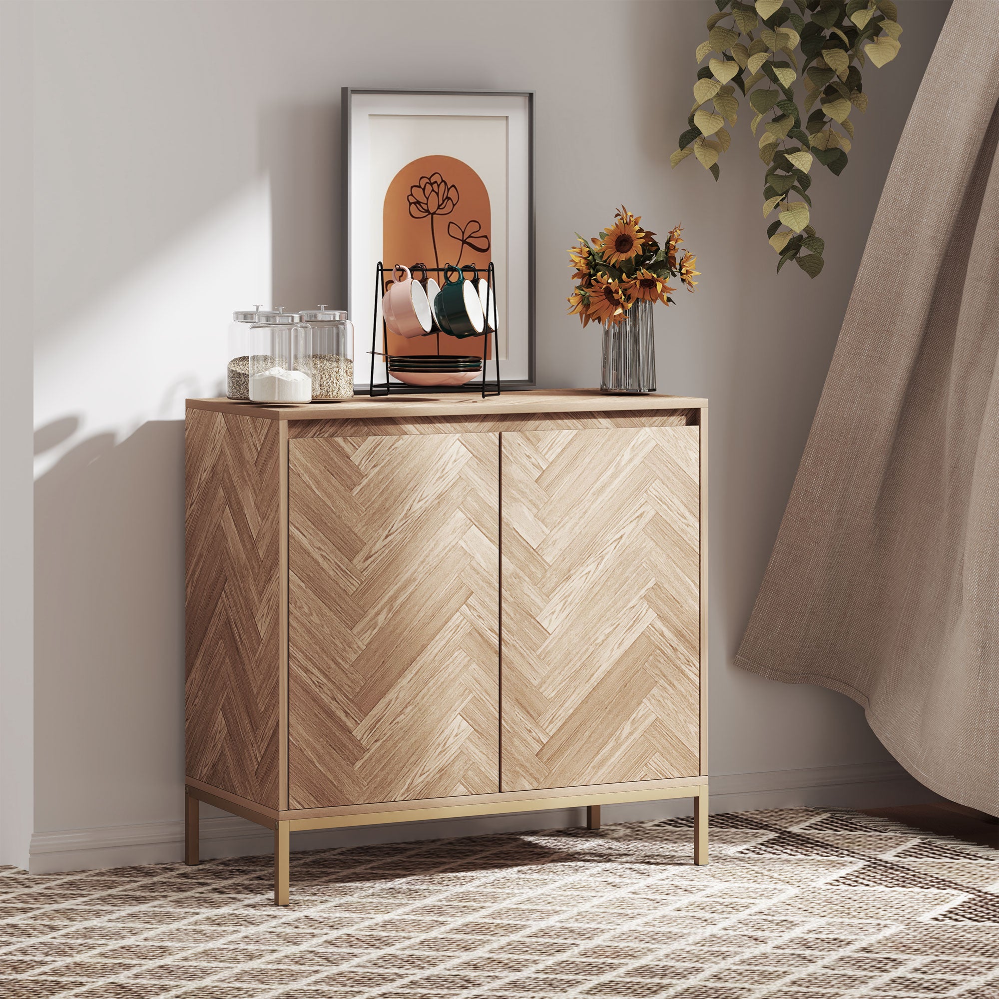 Accent Cabinet, Storage Cabinet with Doors, Adjustable Shelf and Steel Legs, Sideboard for Living Room, Oak Storage Cabinets at Gallery Canada