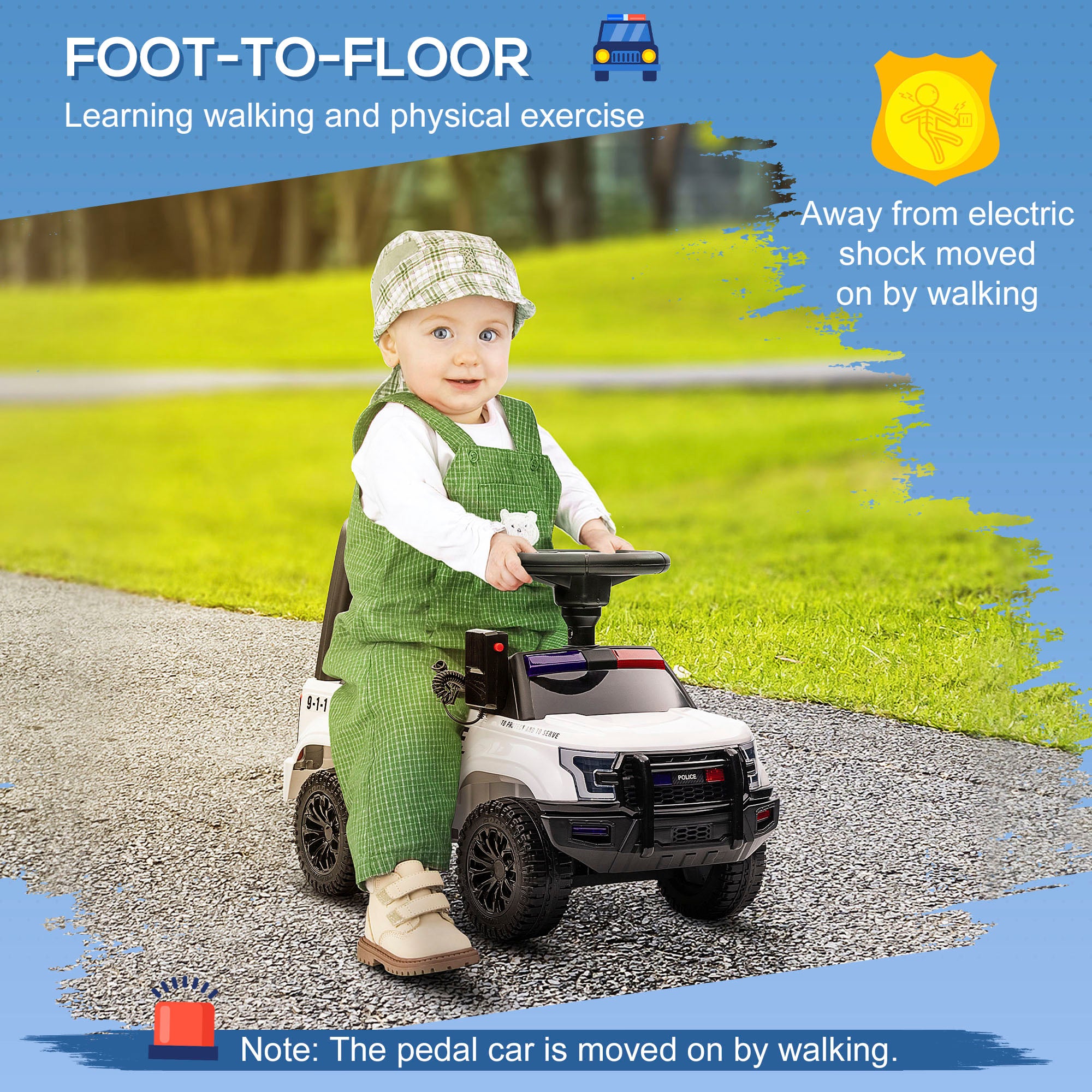 Kids Ride On Sliding Car with Hidden Under Seat Storage, Ride On Police Car for Toddler with Megaphone, Anti Dumping Device, Removable Backrest, Foot-to-Floor Design, White Push Cars for Toddlers at Gallery Canada