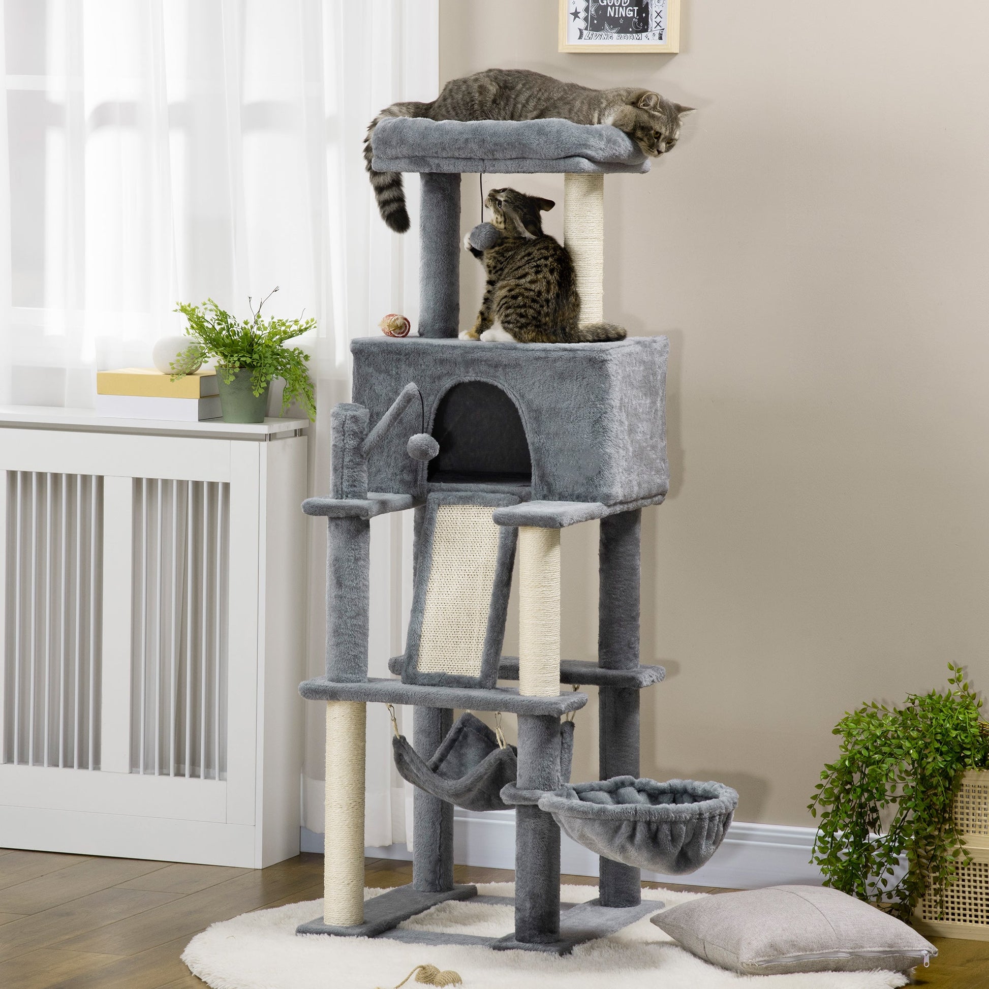 55" Cat Tree for Indoor Cats, Cat Tower, Kitty Activity Center with Cat Bed Ramp Condo Hammocks Hanging Ball Toys Sisal Rope Scratching Post, Grey Cat Towers   at Gallery Canada