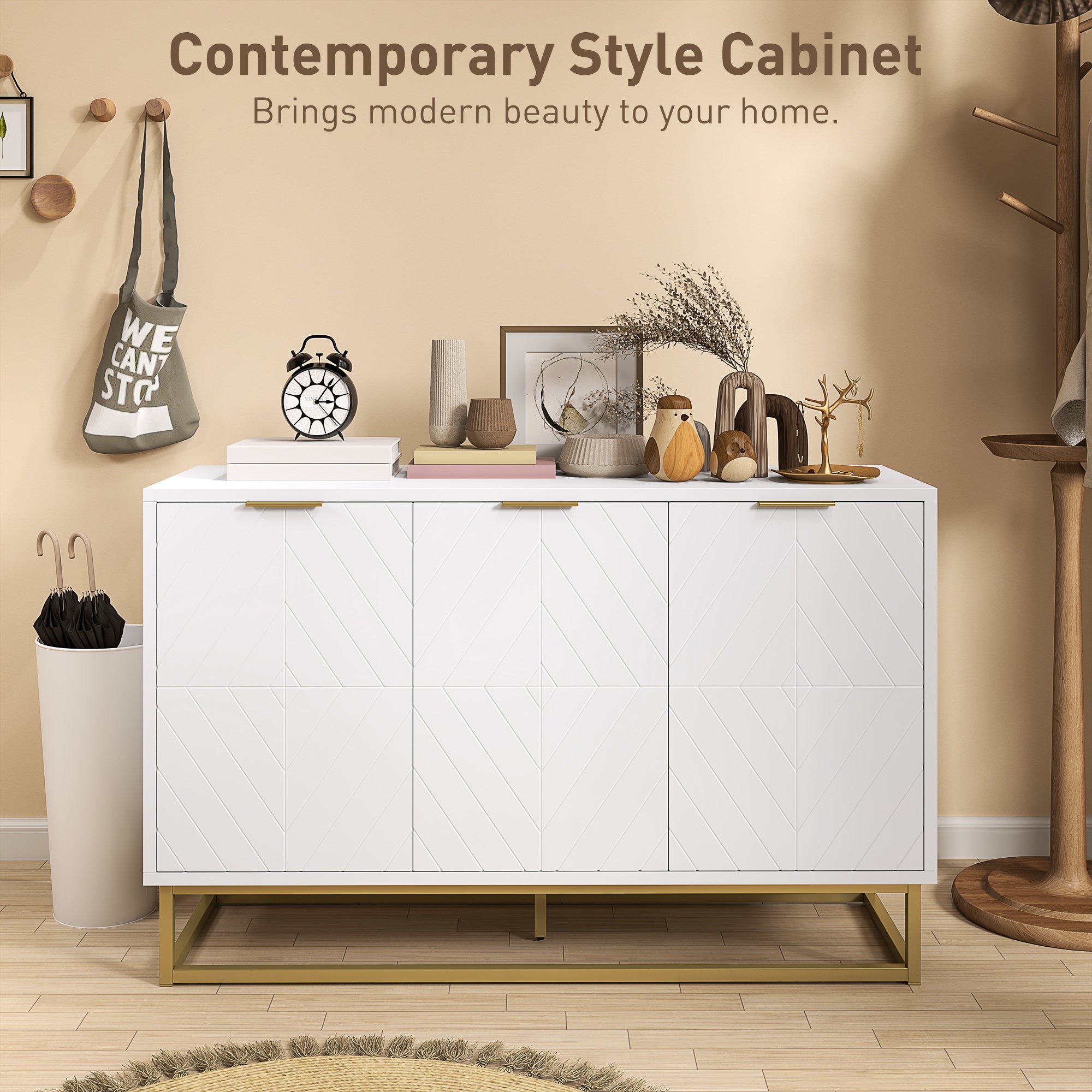 Sideboard Storage Cabinet with 3 Doors and Adjustable Shelves, Kitchen Buffet Cabinet for Dining Room, White Kitchen Pantry Cabinets at Gallery Canada
