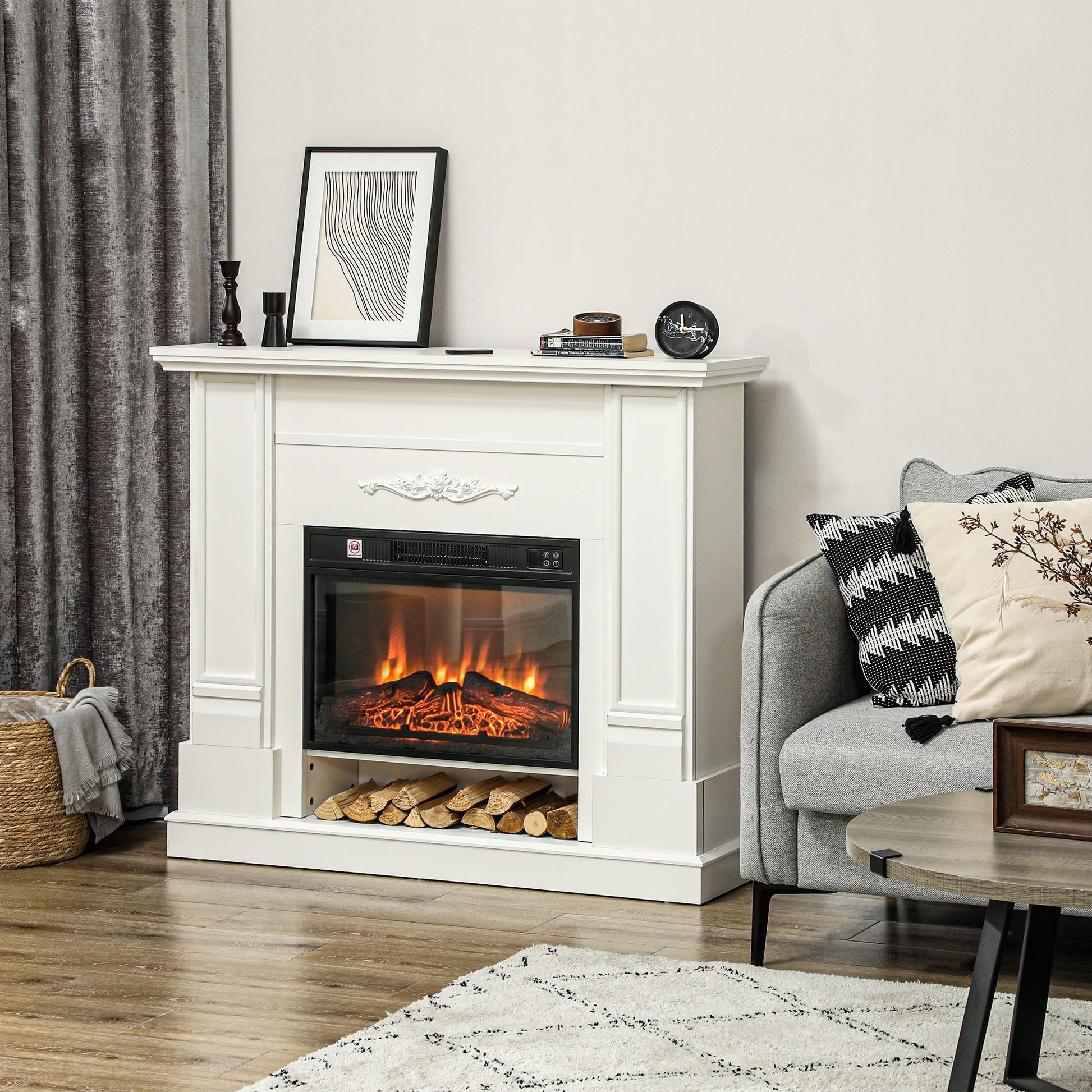 46" Electric Fireplace with Mantel and Shelf, 1400W Fireplace Heater with Realistic Log and Flame Effect, White Electric Fireplaces White  at Gallery Canada