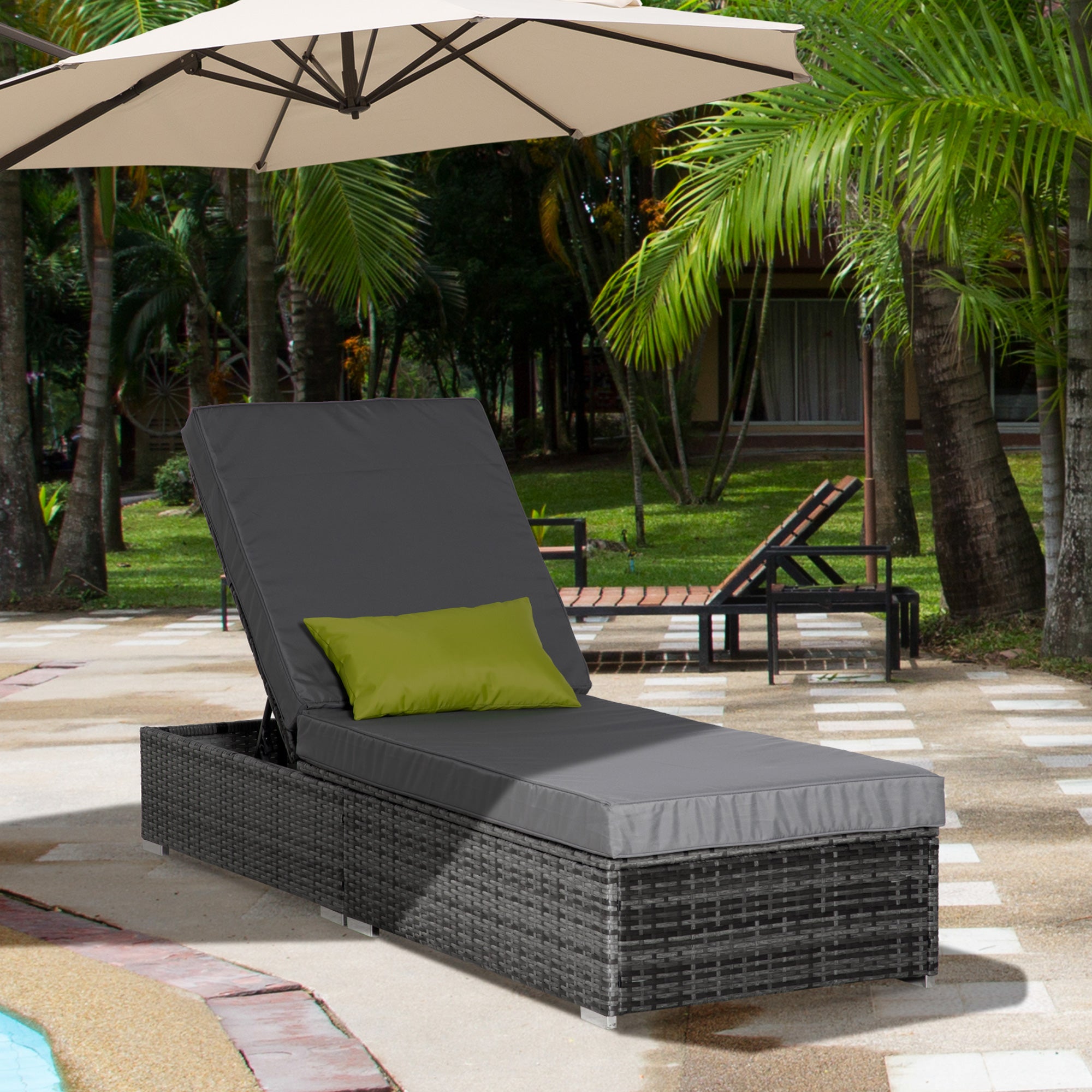 Adjustable Patio Wicker Lounger with Cushion & Pillow, Aluminum Frame, Grey Chaise Loungers   at Gallery Canada