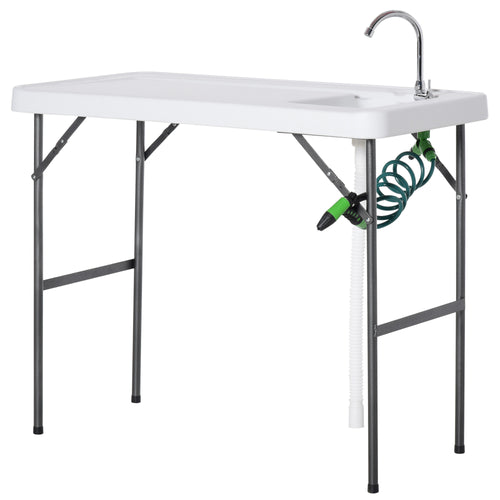 Folding Table Fish Table Cleaning Wash Table with Sink, Faucet and Spray Cleaner for BBQ Camping Picnic Garden 45