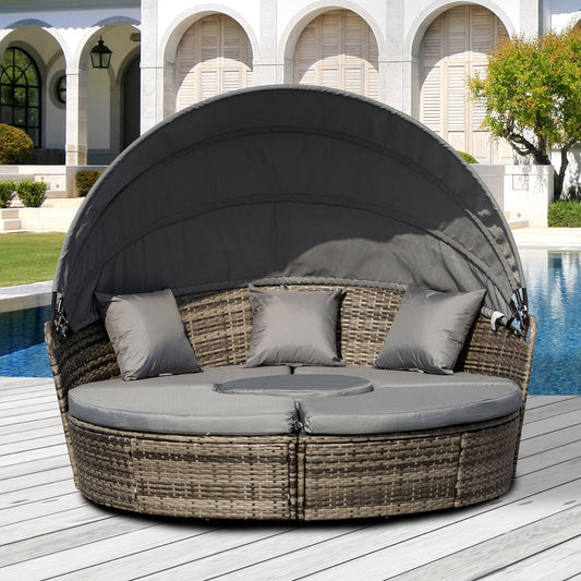 PE Rattan Wicker Outdoor Daybed with Retractable Canopy, Cushions, Grey Daybeds   at Gallery Canada