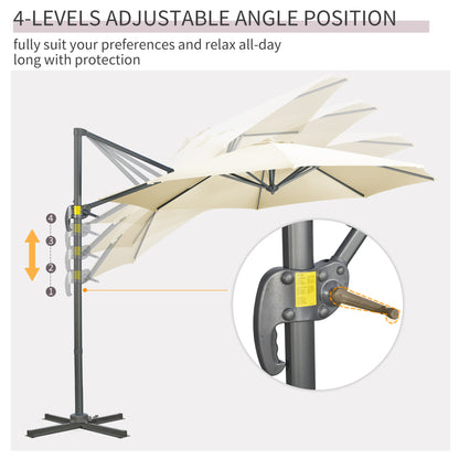 9.6' Cantilever Patio Umbrella Outdoor Hanging Offset Umbrella with Cross Base 360° Rotation Aluminum Poles Cream White Offset Cantilever Umbrellas   at Gallery Canada