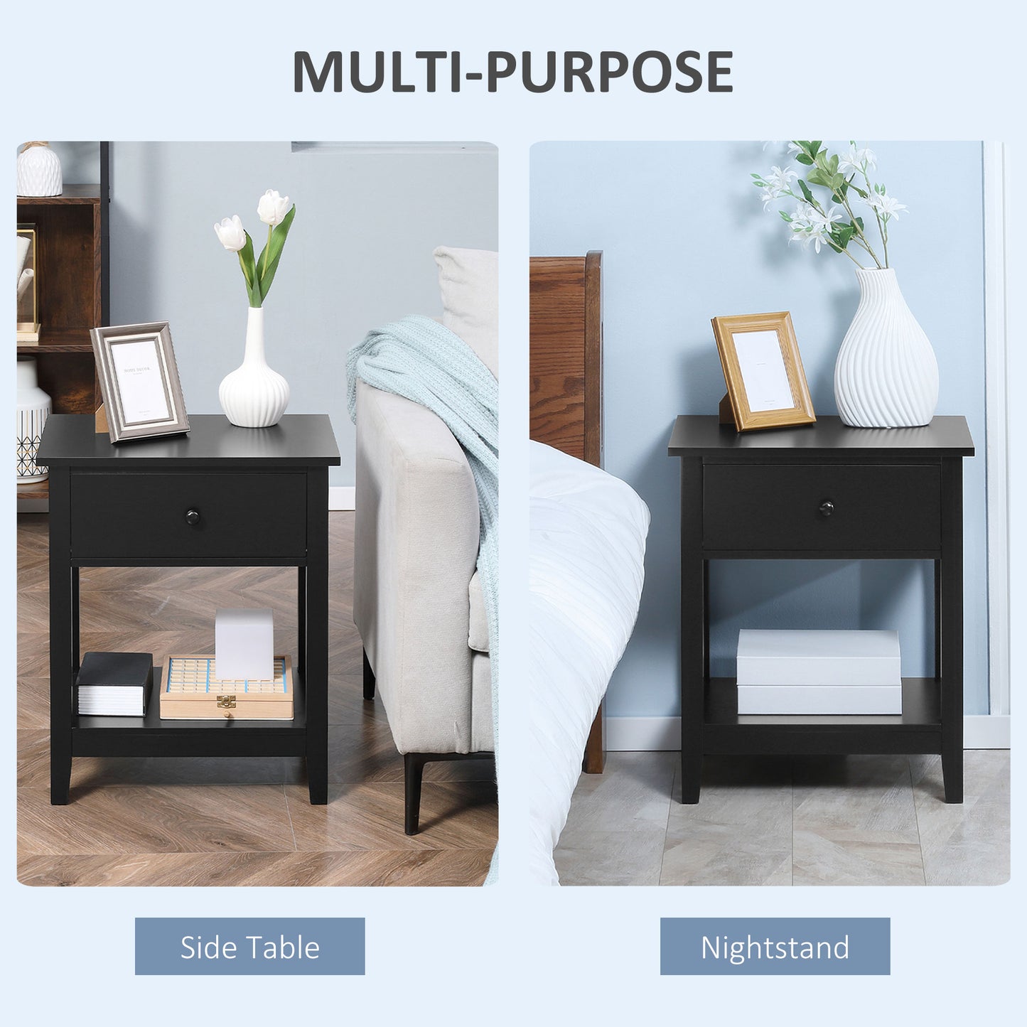 Modern Style Nightstand, Small End Table with Drawer and Storage Shelf for Bedroom, Living Room, Black Side Tables   at Gallery Canada