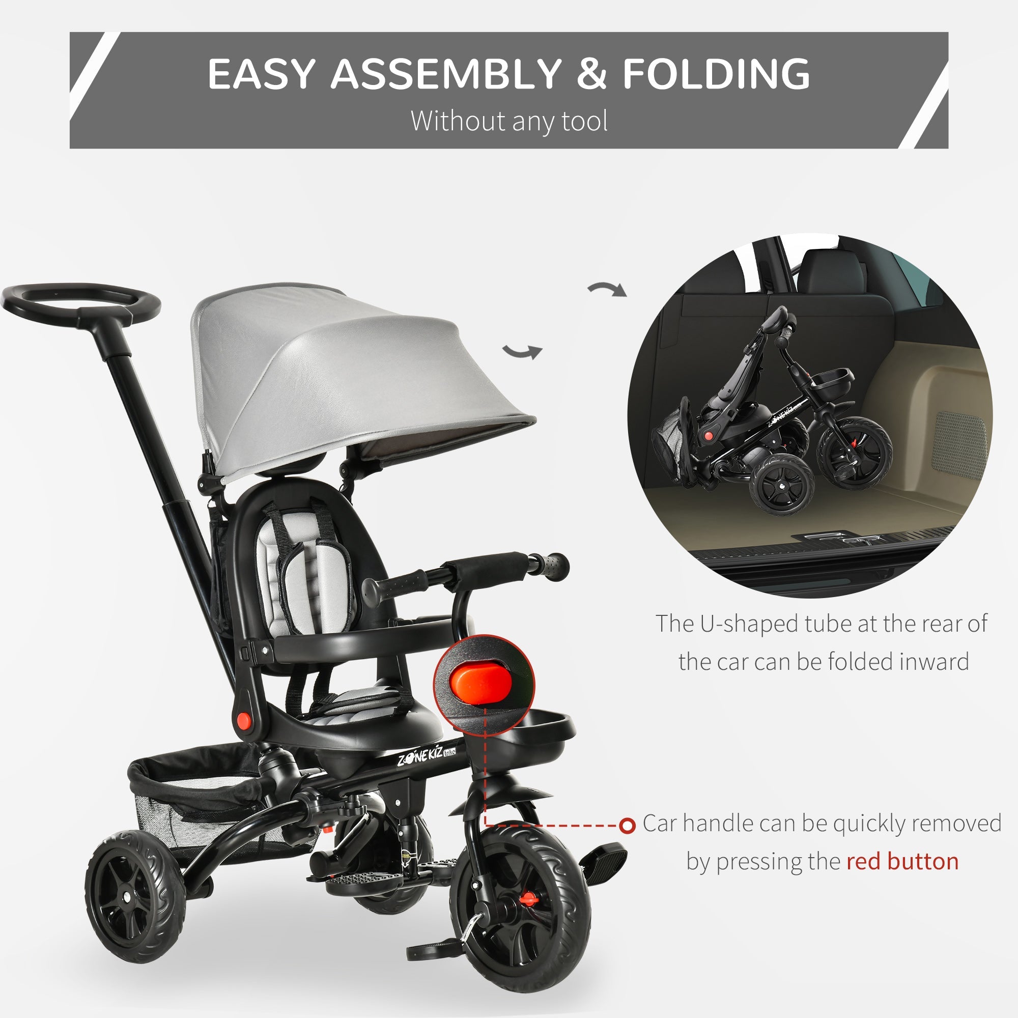 4-in-1 Baby Tricycle with Adjustable Seat, Handle, Canopy, Storage, Grey Tricycles for Kids   at Gallery Canada