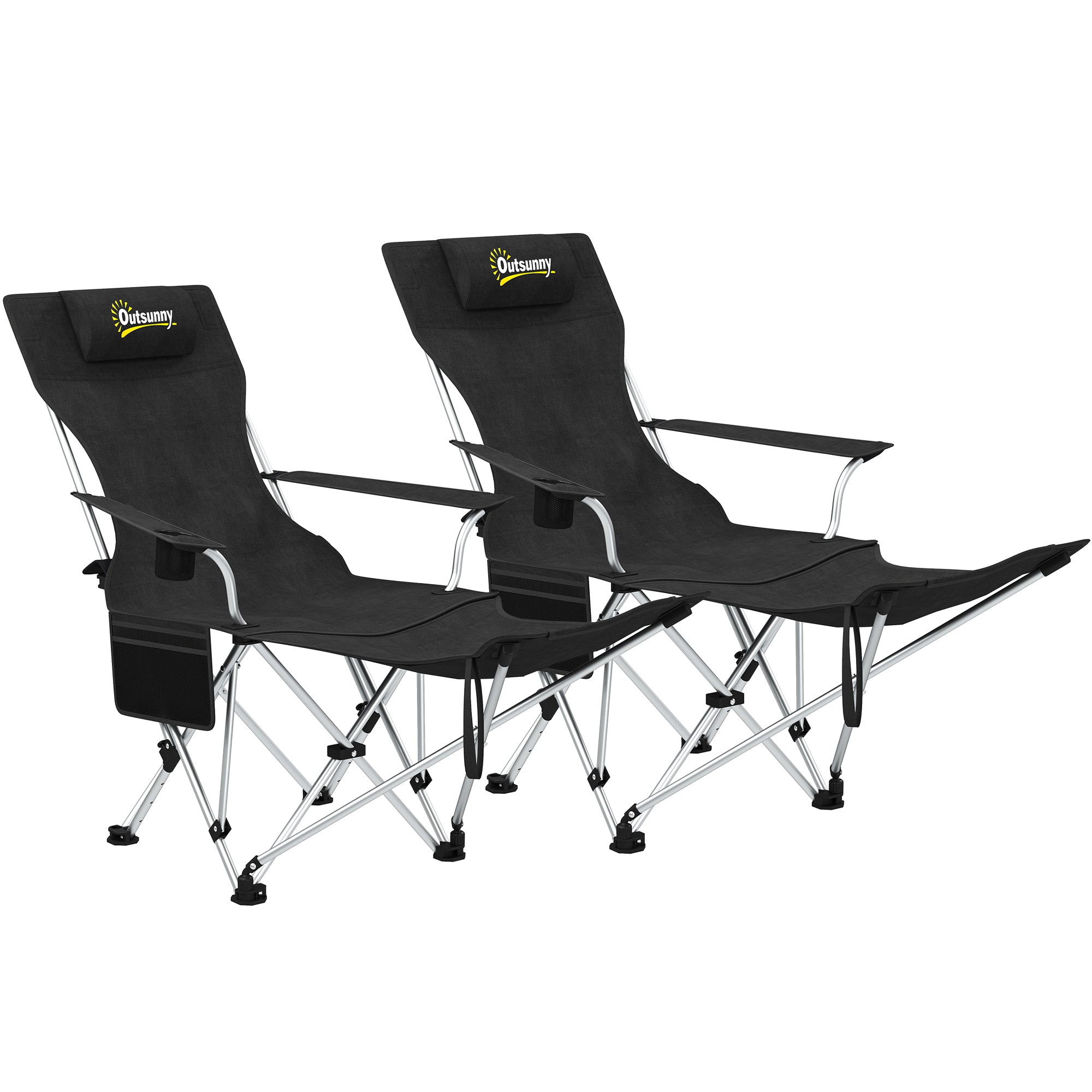 Set of 2 Reclining Camping Chair with Foot Rest, Folding Camping Chair w/ Headrest, Cup Holder, Storage Bag, Black Picnic Tables & Camping Chairs at Gallery Canada