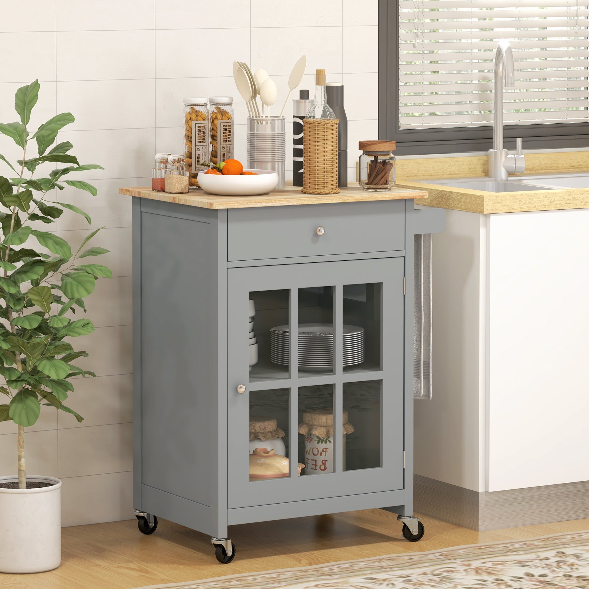 Rolling Kitchen Cart with Drawer and Glass Door Cabinet, Kitchen Island on Wheels with Towel Rack, Grey Kitchen Islands & Kitchen Carts   at Gallery Canada