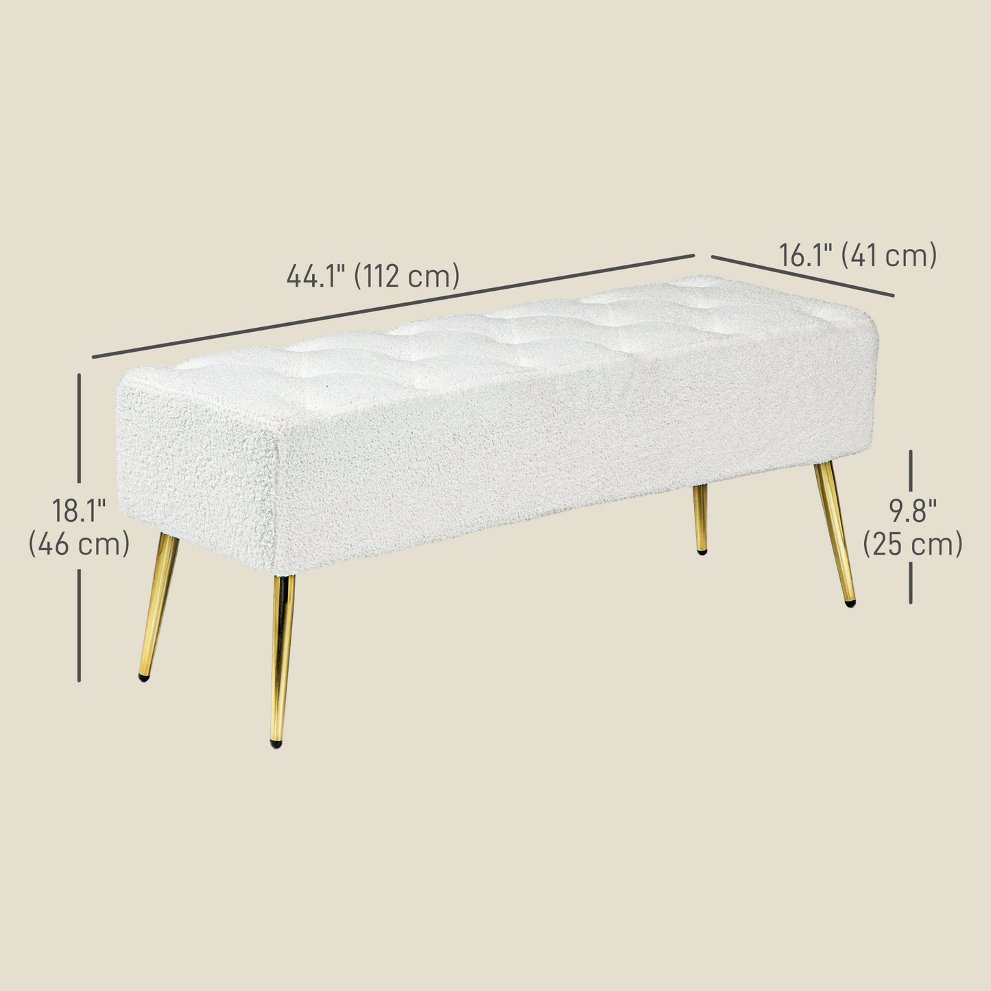 44" Lamb's Wool-Feel Upholstered Bedroom Bench, End of Bed Bench with Thick Padded Cushion and Steel Legs, Cream White Storage Ottomans & Benches Cream  at Gallery Canada