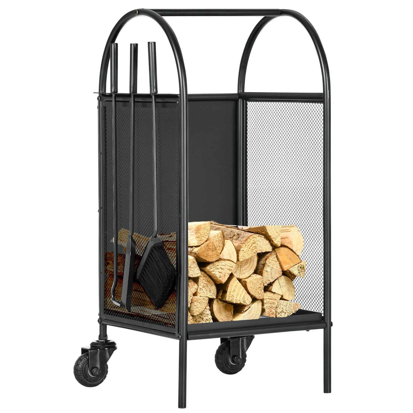 15" Outdoor Firewood Rack with Wheels and Tools, Heavy Duty Wood Storage Stacker, Indoor Outdoor Log Rack, Black Firewood Racks   at Gallery Canada