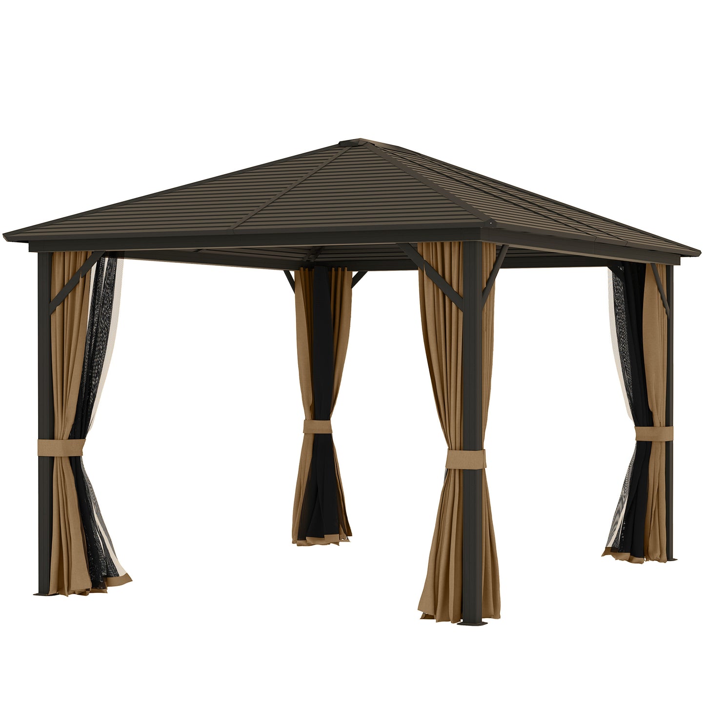 10' x 12' Deluxe Hardtop Gazebo with Metal Roof, Aluminum Frame Patio Gazebo Garden Sun Shelter Outdoor Pavilion with Curtains and Netting, Coffee Gazebos at Gallery Canada