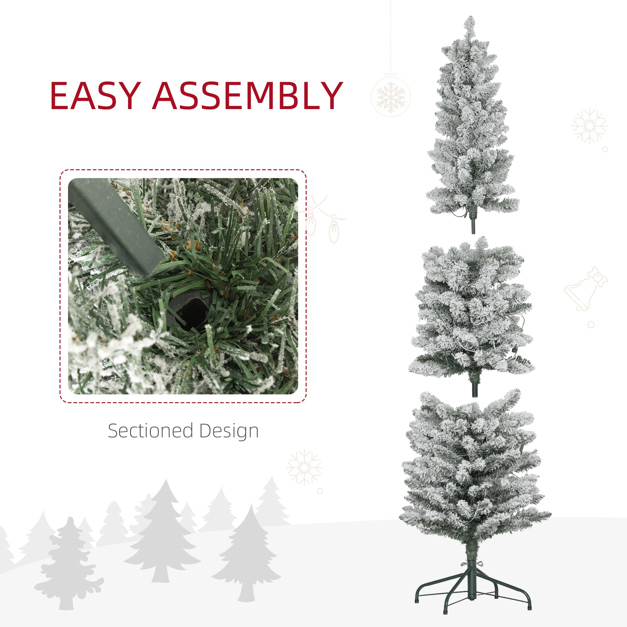 6ft Artificial Prelit Christmas Tree with Warm White LED Light, Snow Flocked Branches, Metal Base, Pencil Xmas Tree Pre Lit Christmas Trees   at Gallery Canada