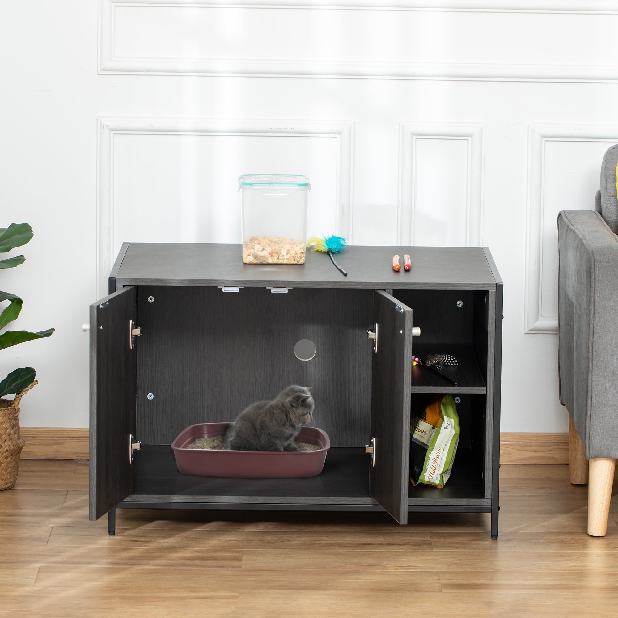 Double-Door Cat Litter Box Enclosure Cabinet with Storage, Black Cat Litter Box Enclosures   at Gallery Canada