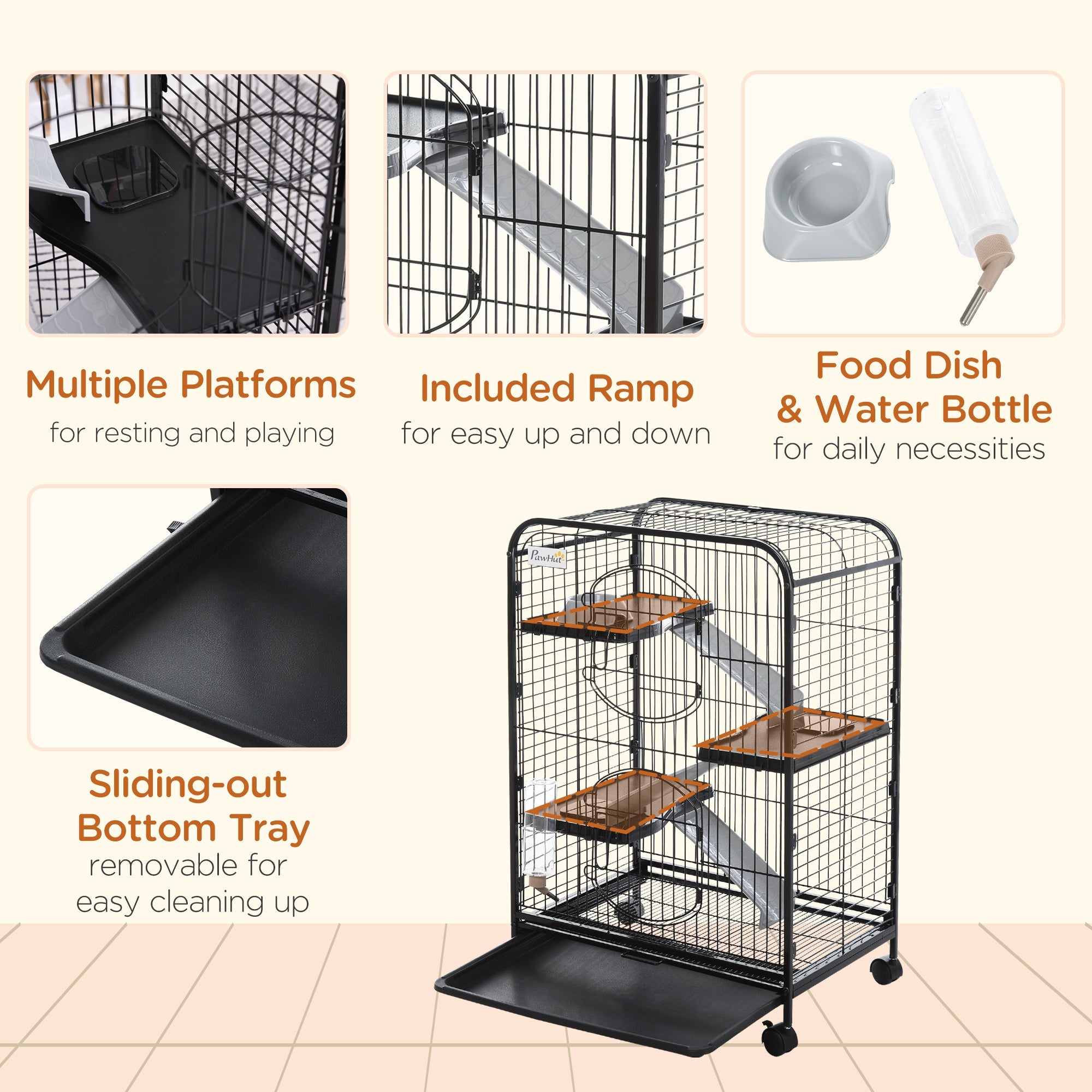 4-Tier Small Animal Cage Pet Playpen for Rabbit Ferret Chinchilla on Wheels with Removable Tray Platform Ramp Food Dish Water Bottle, 24