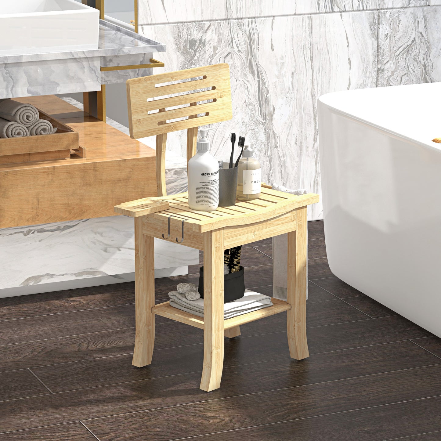 Bathroom Bench with Back, Bamboo Shower Bench with Towel Rack, Shower Head Holder and Soap Dish, Natural Wood Bath Chairs at Gallery Canada