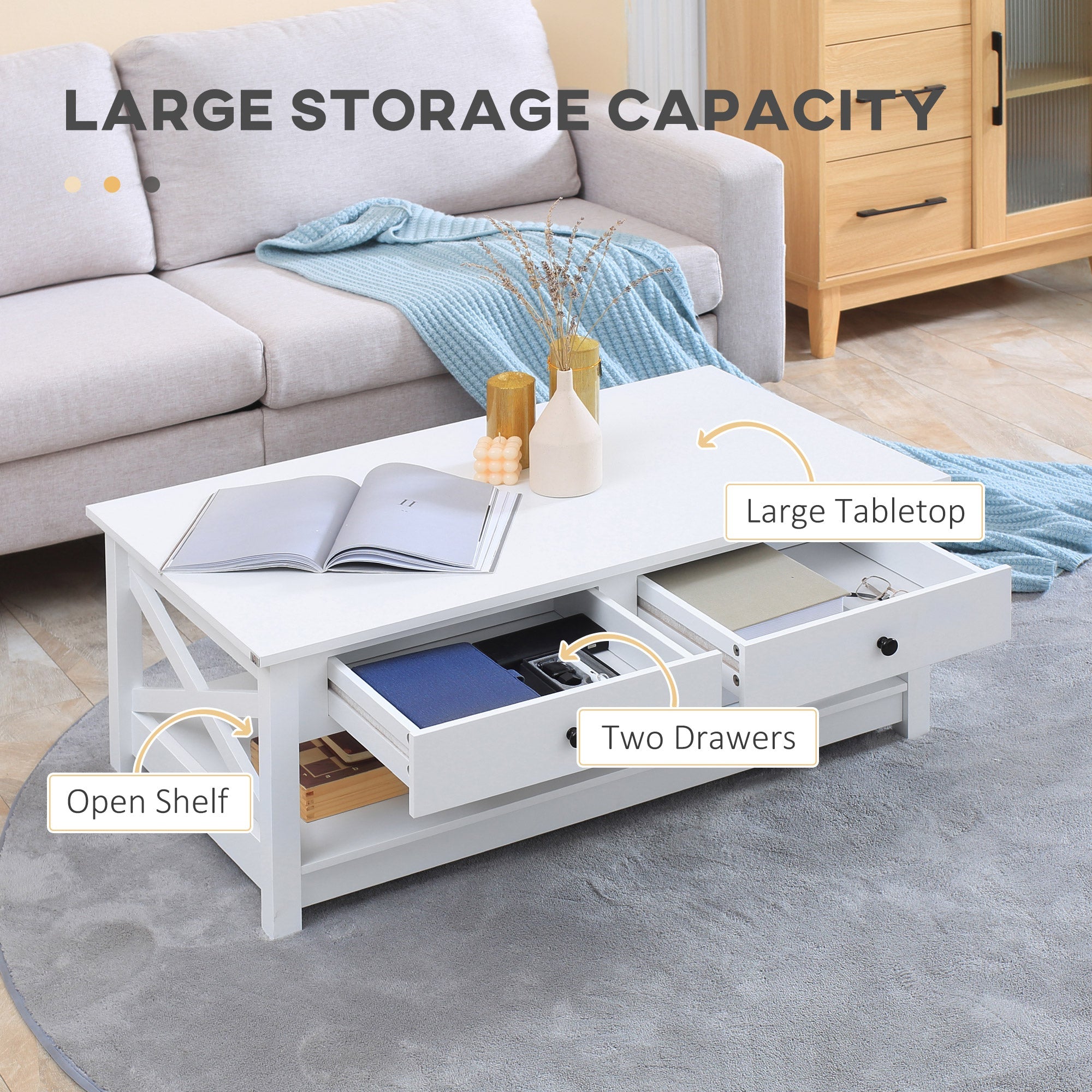 Coffee Table with Storage, Farmhouse Living Room Table with Drawers and Open Shelf, Centre Table with X-frames, White Coffee Tables   at Gallery Canada