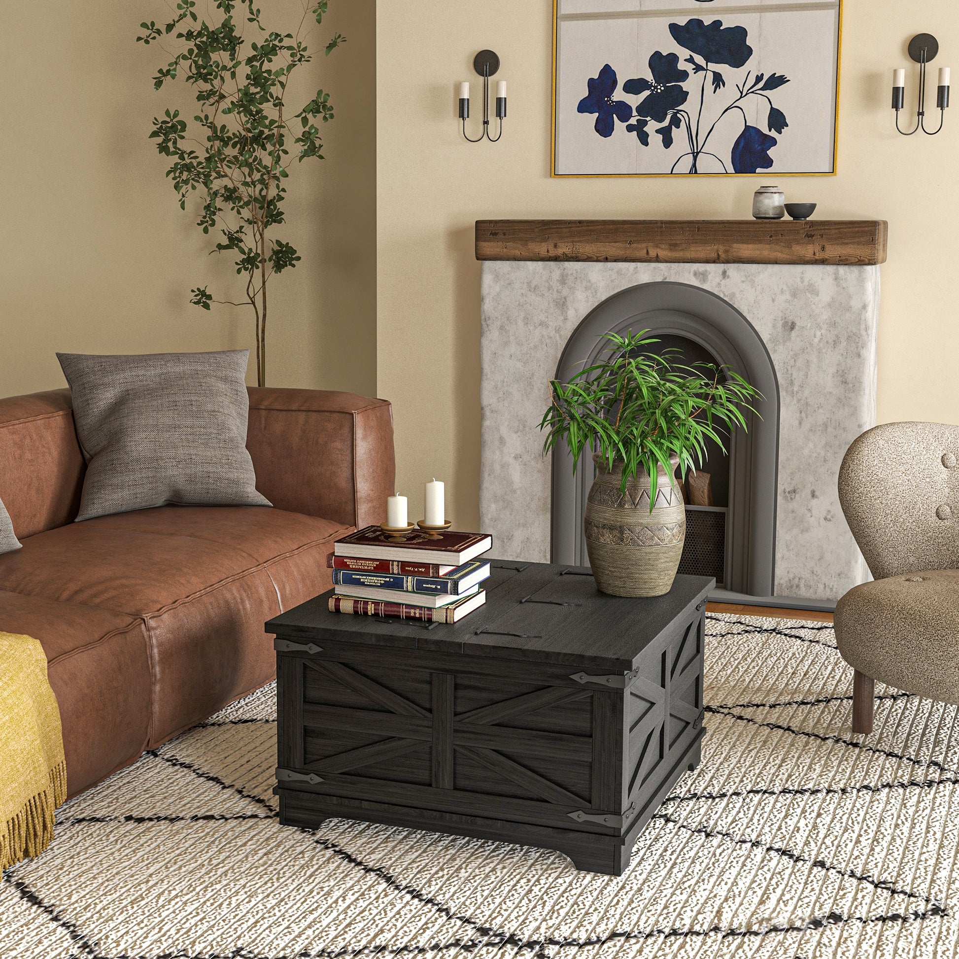 Farmhouse Coffee Table, Square Center Table with Flip-top Lids, Hidden Storage Compartment, Black Coffee Tables   at Gallery Canada