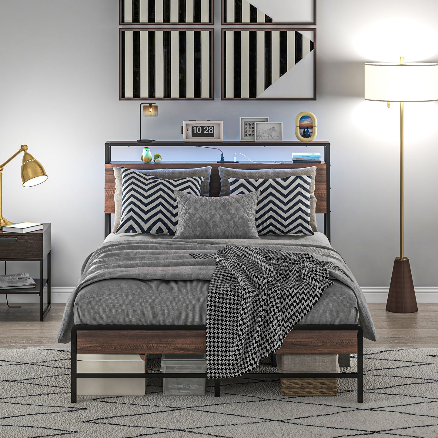 Full Size Bed Frame with LED Lights and Charging Station, Full Bed Frame with Storage Headboard, Noise-Free, Walnut Bedroom Furniture   at Gallery Canada