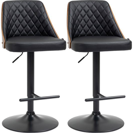 Adjustable Bar Stools Set of 2 Swivel Counter Height Barstools Chairs, PU Leather Solid Wood Back and Footrest, Black - Gallery Canada