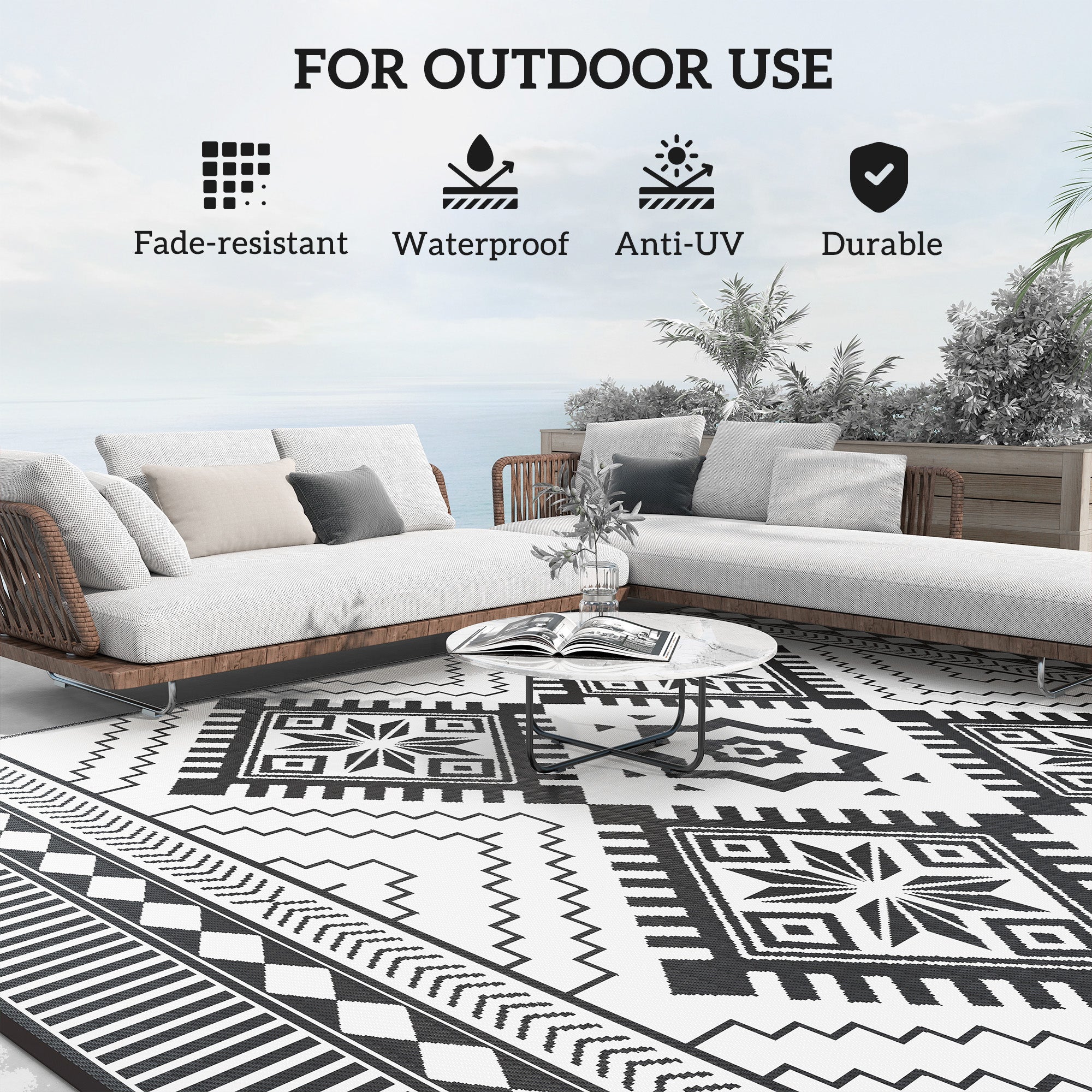 9' x 12' Outdoor RV Rug, Reversible Patio Floor Mat with Carry Bag, Toothed Rhombus, White and Black Garden Decor at Gallery Canada