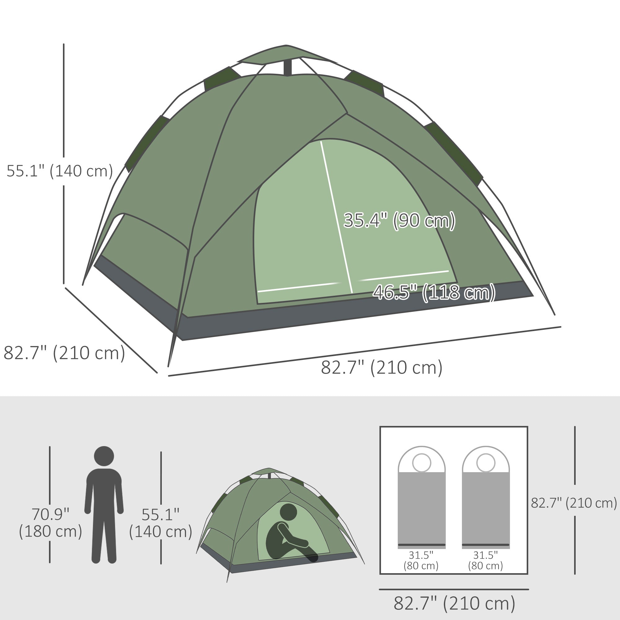 Camping Tent, 3 Person Family Tent, 1000mm Waterproof, with Sewn-in Groundsheet and Carry Bag, for Fishing, Dark Green Camping Tents at Gallery Canada