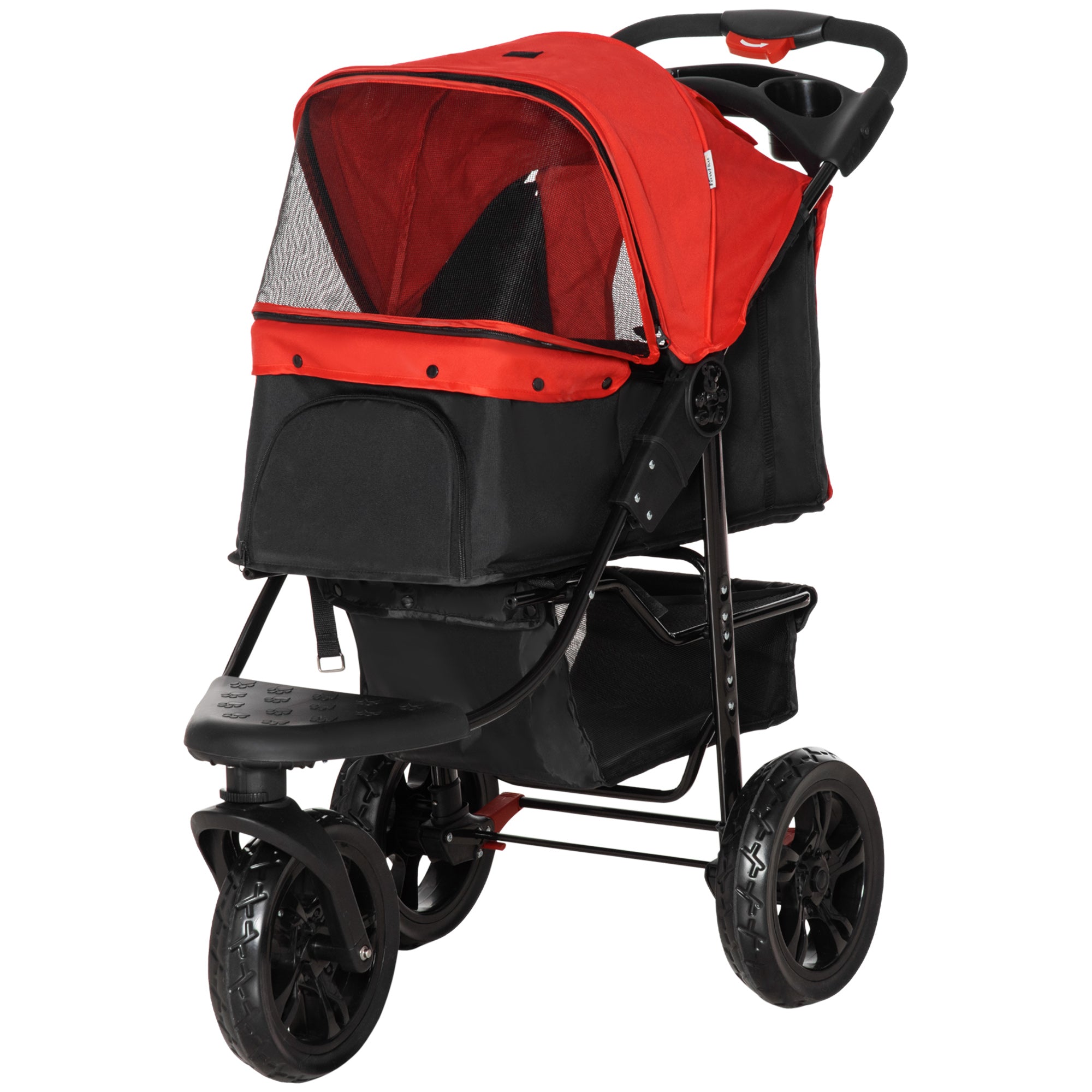 3 Wheel Folding Dog Stroller, Jogger Travel Carrier with Adjustable Canopy, Storage Brake, Mesh Window for S&;M Dogs, Red Dog Bike Trailers & Strollers Red, Black at Gallery Canada
