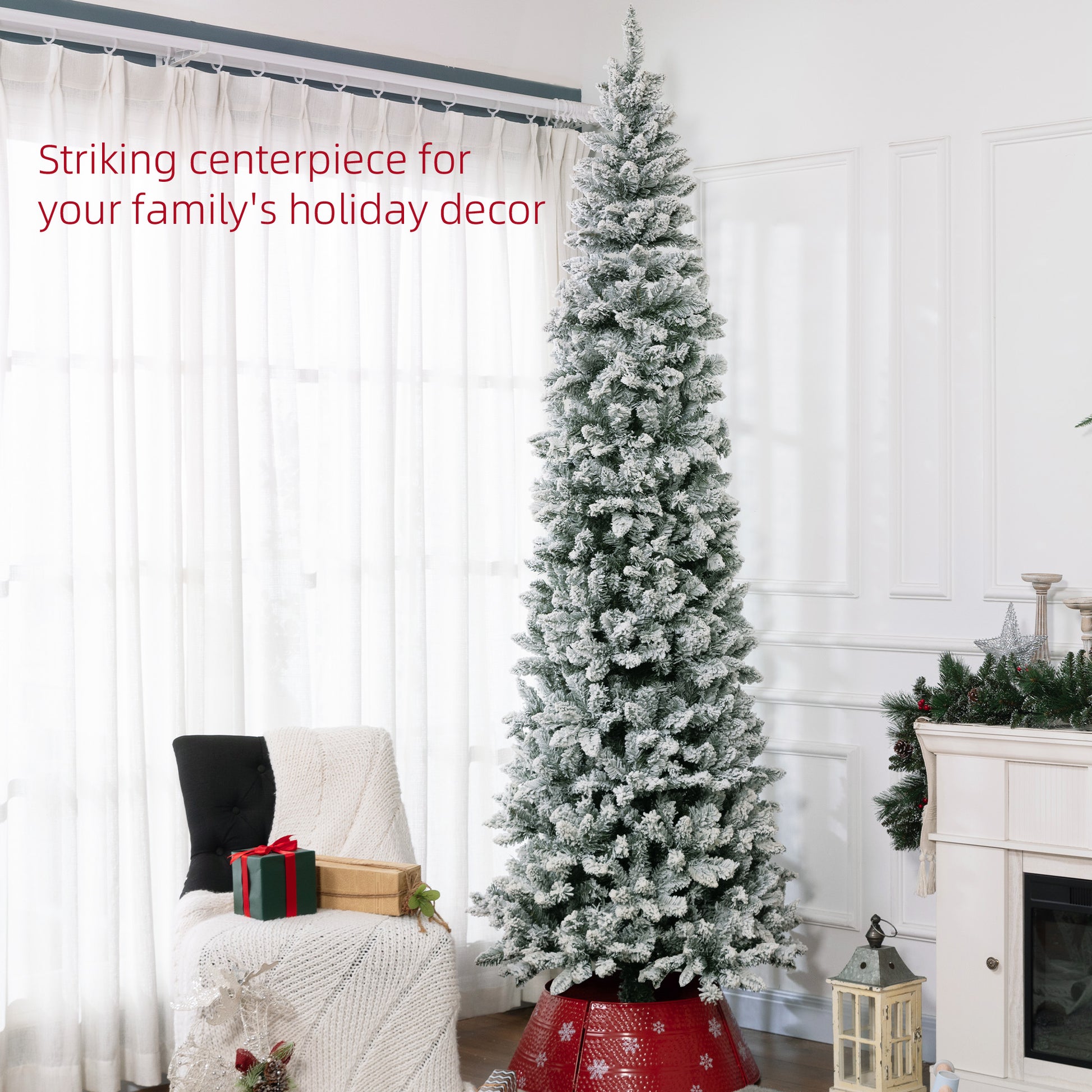 9ft Pencil Christmas Tree, Flocked Tree with 1277 Branch Tips and Metal Base for Home, Indoor, Holiday Pencil Christmas Trees   at Gallery Canada