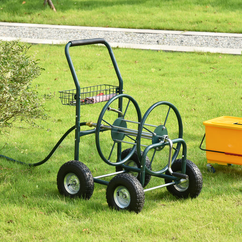Garden Hose Reel Cart, Portable Hose Organizer with Hose Guide System, 4 Wheels &; Storage Basket for Yard, Garden, Farm