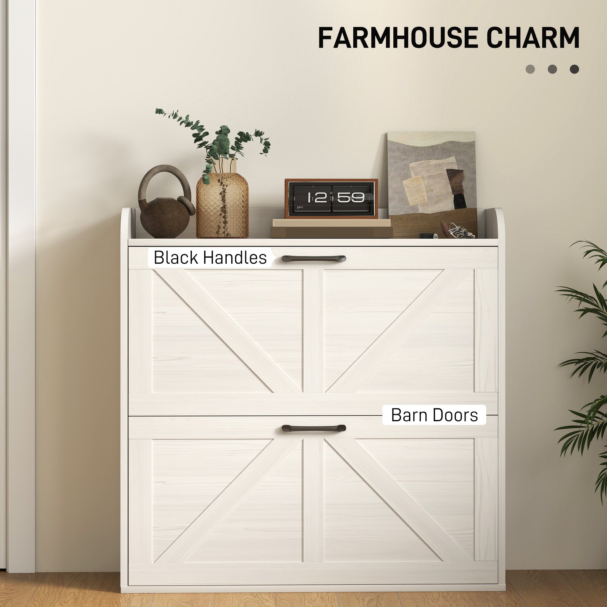 Narrow Shoe Storage Cabinet, Farmhouse Slim Shoe Cabinet with 2 Flip Drawers, Adjustable Shelves, White Oak Shoe Storage Cabinets & Racks at Gallery Canada