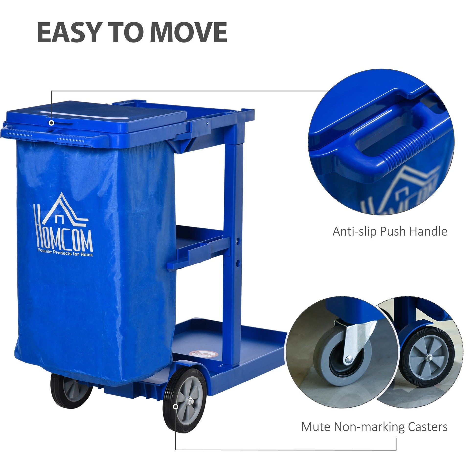 Commercial Janitorial Cart with 3 Tier Shelves Professional Cleaning Trolley with Rubbish Bag and Mop Mount for Hotel, Restaurant, Office, Blue Household Supplies   at Gallery Canada