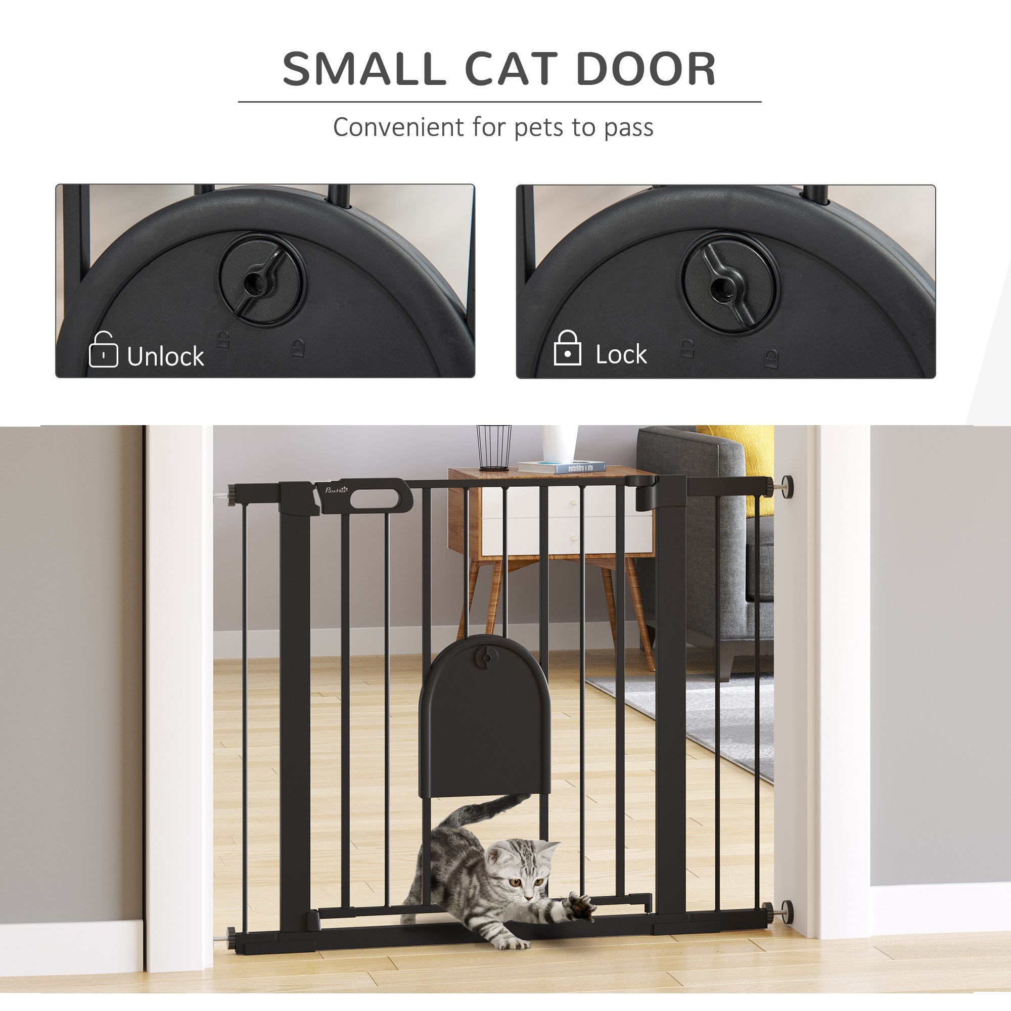 Extra Wide Pet Gate with Cat Door, Auto Close, Double Locking, Black Houses, Kennels & Pens   at Gallery Canada