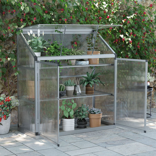 Aluminum Cold Frame Greenhouse, Raised Planter Bed Protection with Openable Top and 2 Shelves for Outdoor Indoor