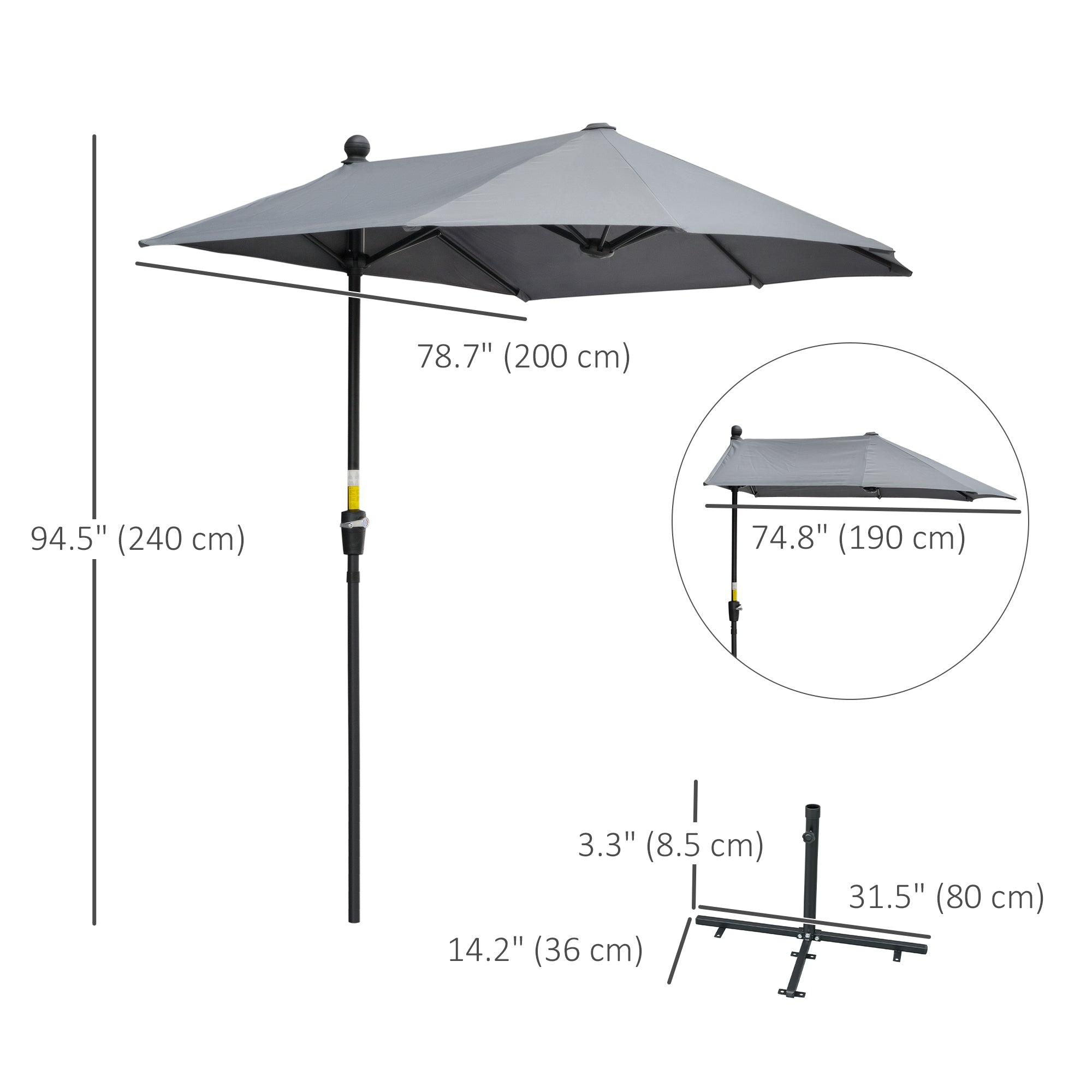 6.6 x 6ft Half Patio Umbrella Outdoor Parasol with Double-Sided Canopy, Crank Handle, Base for Garden, Balcony, Grey Sun Umbrellas   at Gallery Canada